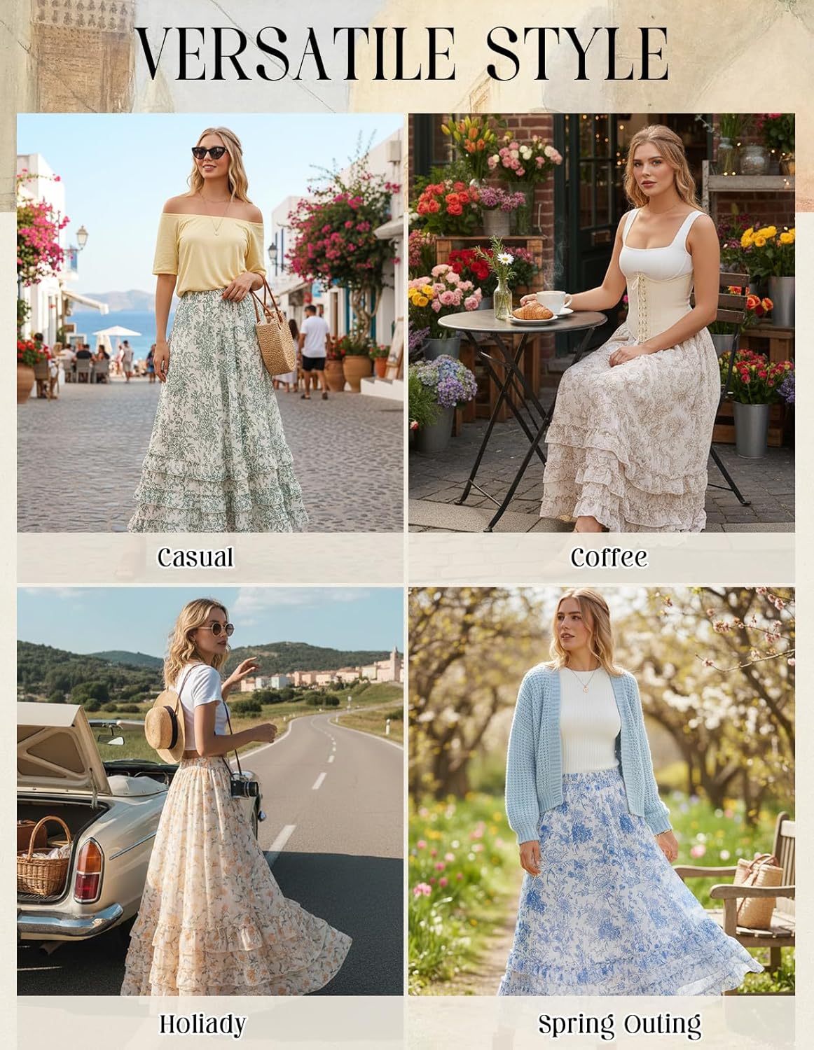 SCARLET DARKNESS Maxi Skirts for Women Floral Chiffon Elastic High Waist Flowy Ruffle Long Skirt with Pockets - Image 5