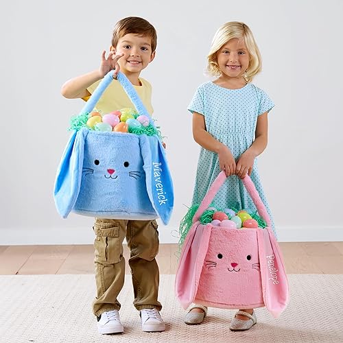 Miniatura 2 de Let's Make Memories Cesta de Pascua personalizada, peluche de conejo, orejas de guinga azules, cesta de Pascua para niños