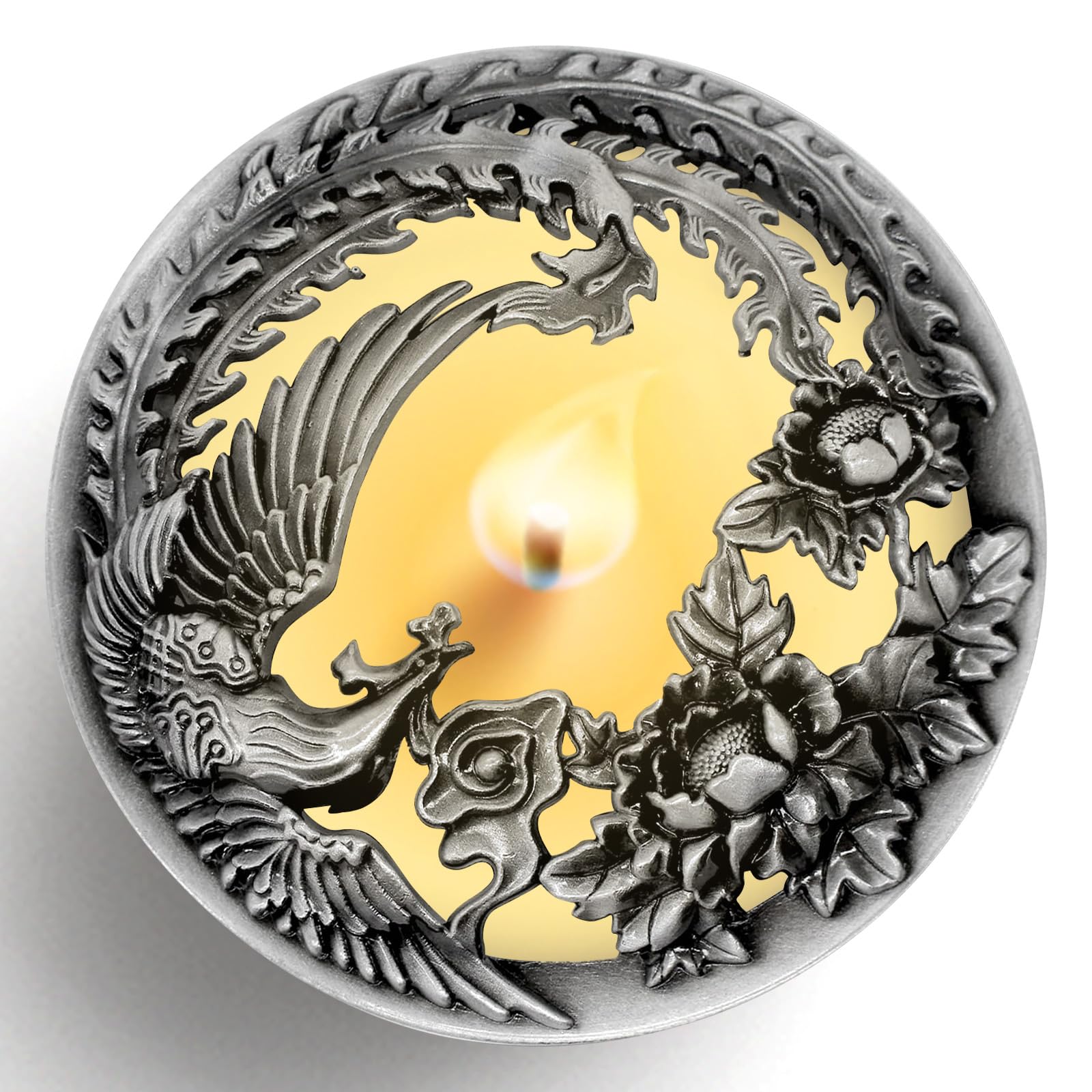 Hion Scented Candle Topper Cover to Burn Evenly, Illuma Lid Candle Jars Accessories Decoration Gifts for Women, Elegant Carved Shades Sleeves Increases Atmosphere Party(Phoenix Silver) — image 1