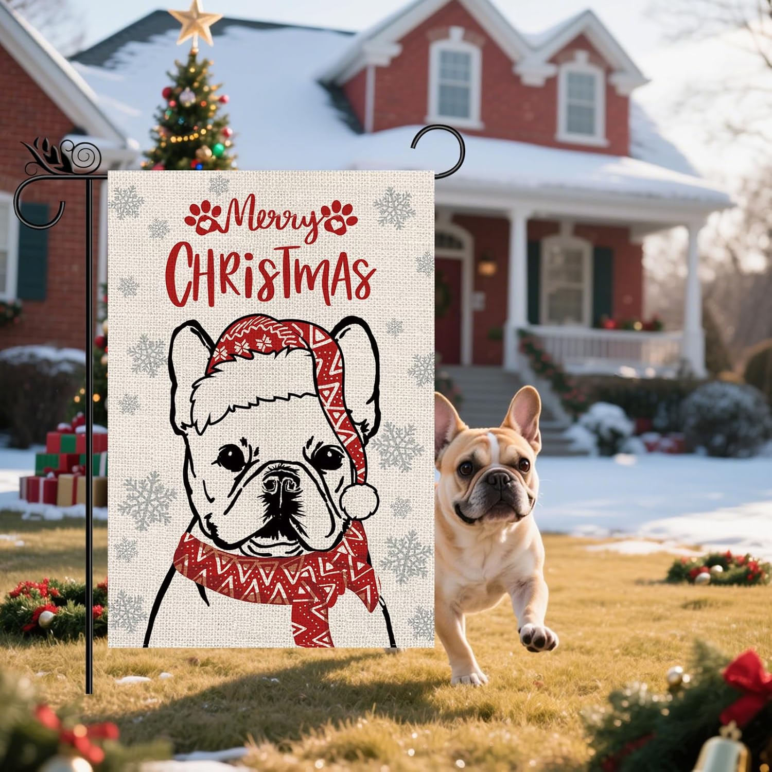 Christmas Dog Garden Flag French Bulldog with Scarf Xmas Flags Double Sided Vertical Decorative Burlap Flag Holiday Decorations for Yard Lawn Outdoor 12.5 x 18 Inch - Image 4