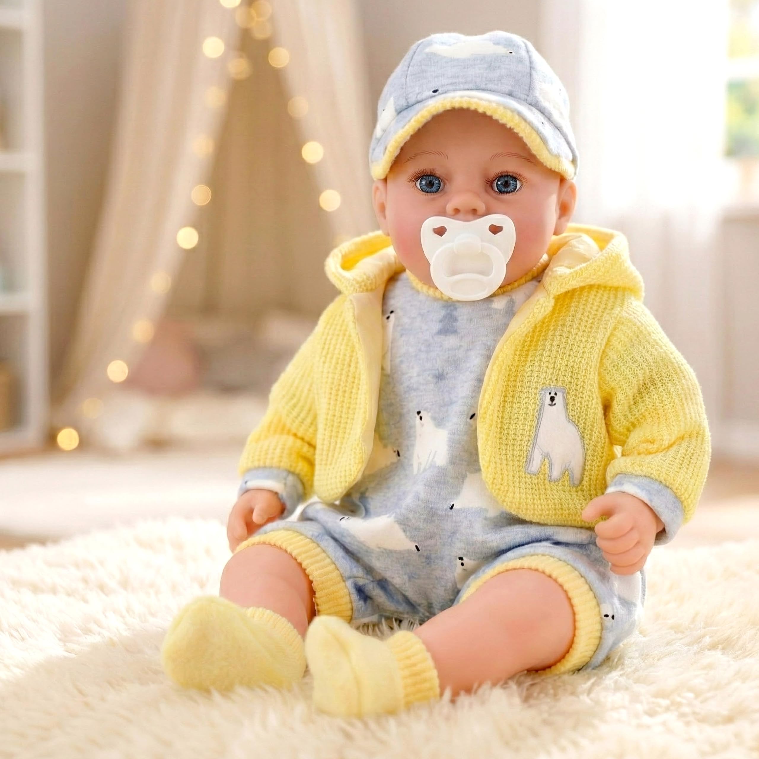 The Magic Toy Shop BiBi Doll 18-Inch Baby Doll Sunny with 16 Baby Sounds – Realistic Girl in Yellow Outfit with Dummy – Soft-Bodied Reborn for Toddlers 18 Months+