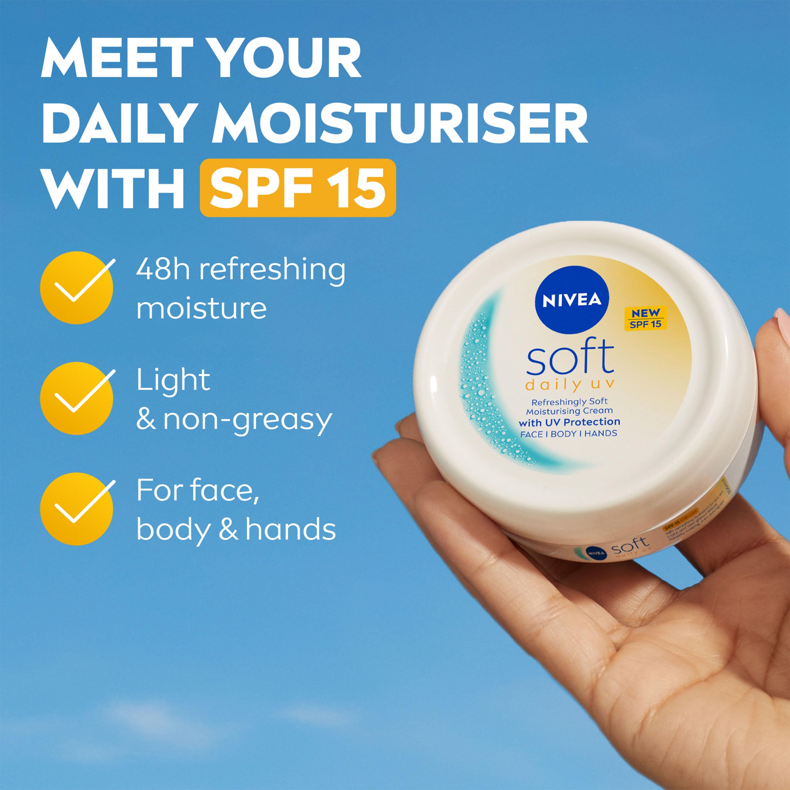 NIVEA Soft Daily UV SPF15 (200ml), 48H Moisturising Cream for Face Body and Hands with Vitamin E and Jojoba Oil - Image 2