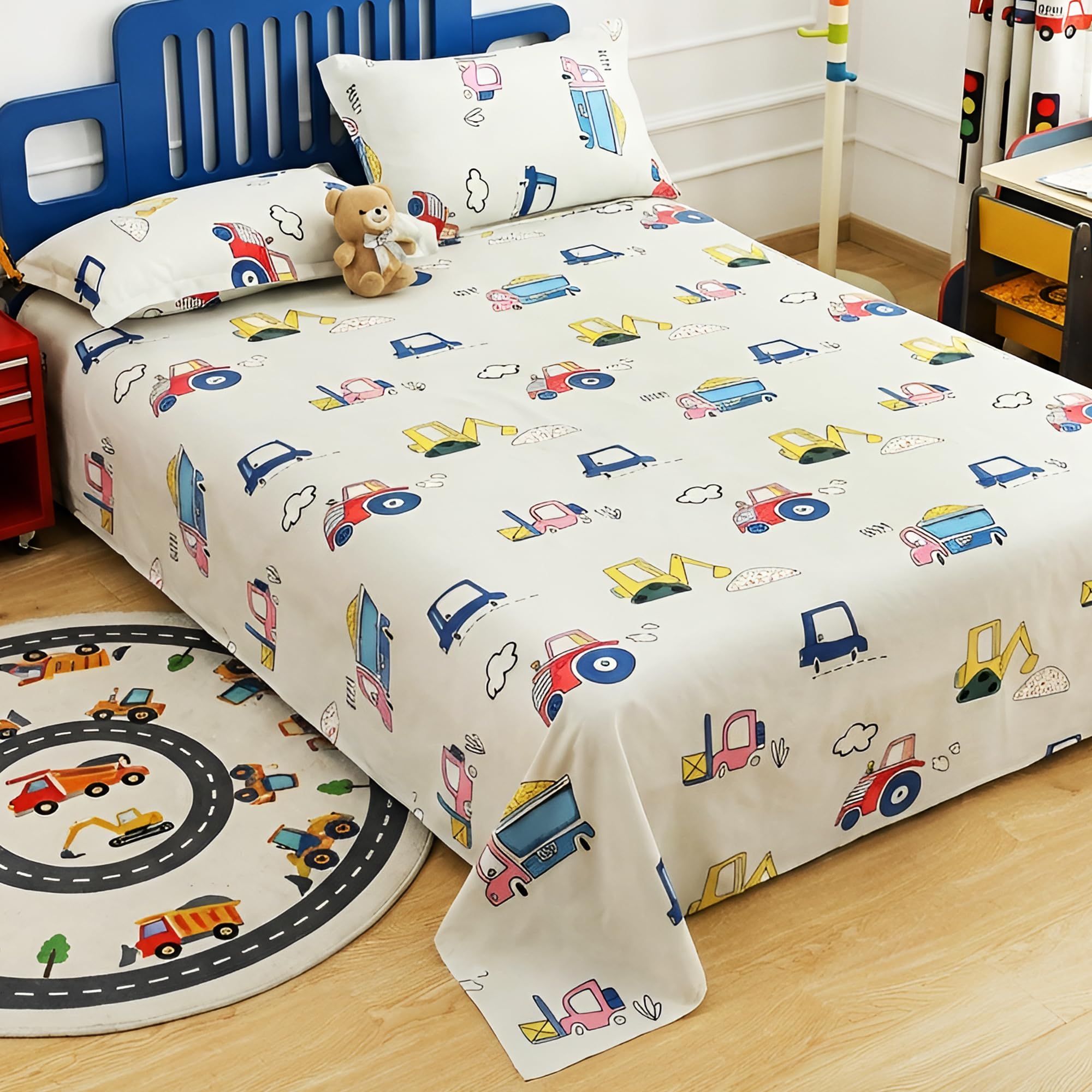 Story@Home Kids Bedsheet Double Bed Cotton with 2 Pillow Covers 180TC Microfiber, Kids Bedsheet Double Bed 225 cm x 250 cm Light Grey & Blue, Cartoon Design, Perfect for Home Decor, 180 TC