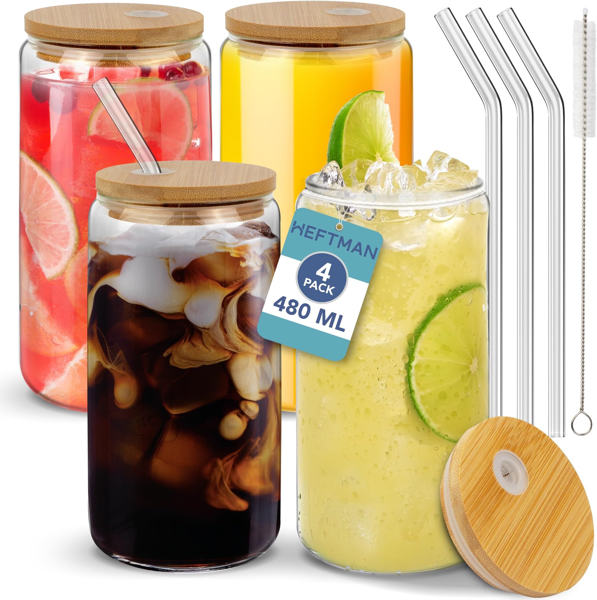 HEFTMAN Glass Cups with Lids and Straws - 4 Pack Empty 480ml Can Shaped Glasses with Airtight Bamboo Lids, Glass Straws & Straw Cleaning Brush - Iced Coffee Glass for Smoothies, Beer, Parties, BBQ