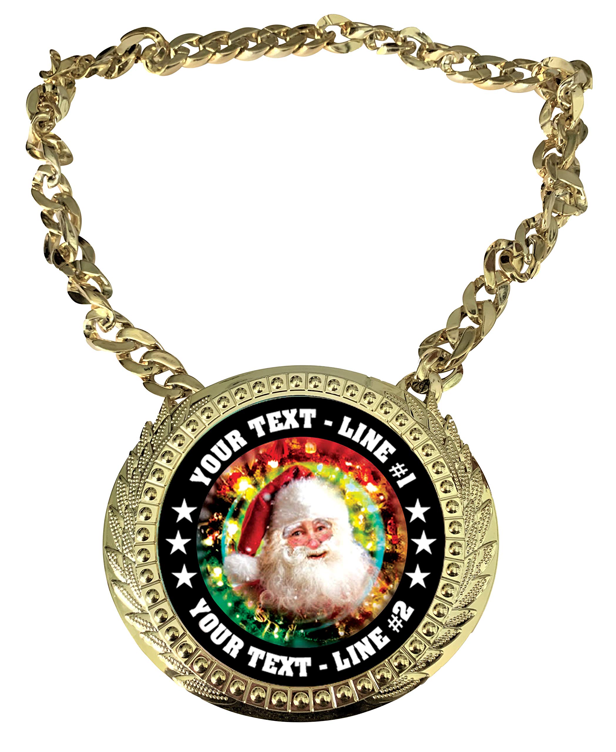 Express Medals Custom Santa Claus Christmas Champ Chain Trophy with 2 Lines of Personalized Text on a Large Rigid Plastic Award Medal and 34 Inch Long Gold Color Neck Chain. MY481