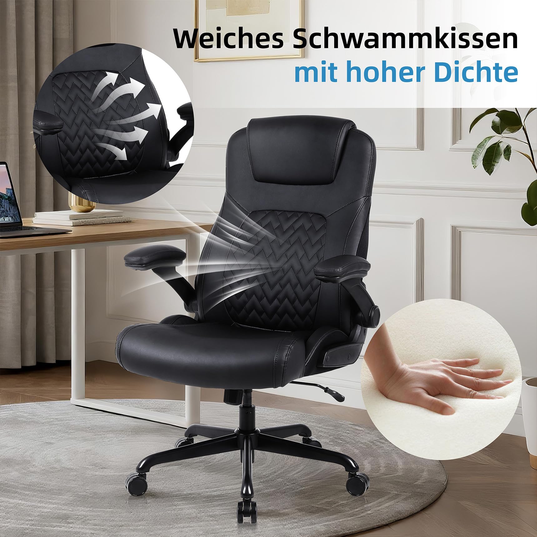 Ergonomischer Professioneller Bürostuhl, aus Kunstleder mit Lendenwirbelstütze, klappbaren Armlehnen und höhenverstellbarer Sitzfläche, Gaming-Stuhl mit Rollen für Büro und Homeoffice, Schwarz | Ermnois Bürostuhl Ergonomischer Schreibtischstuhl Profession