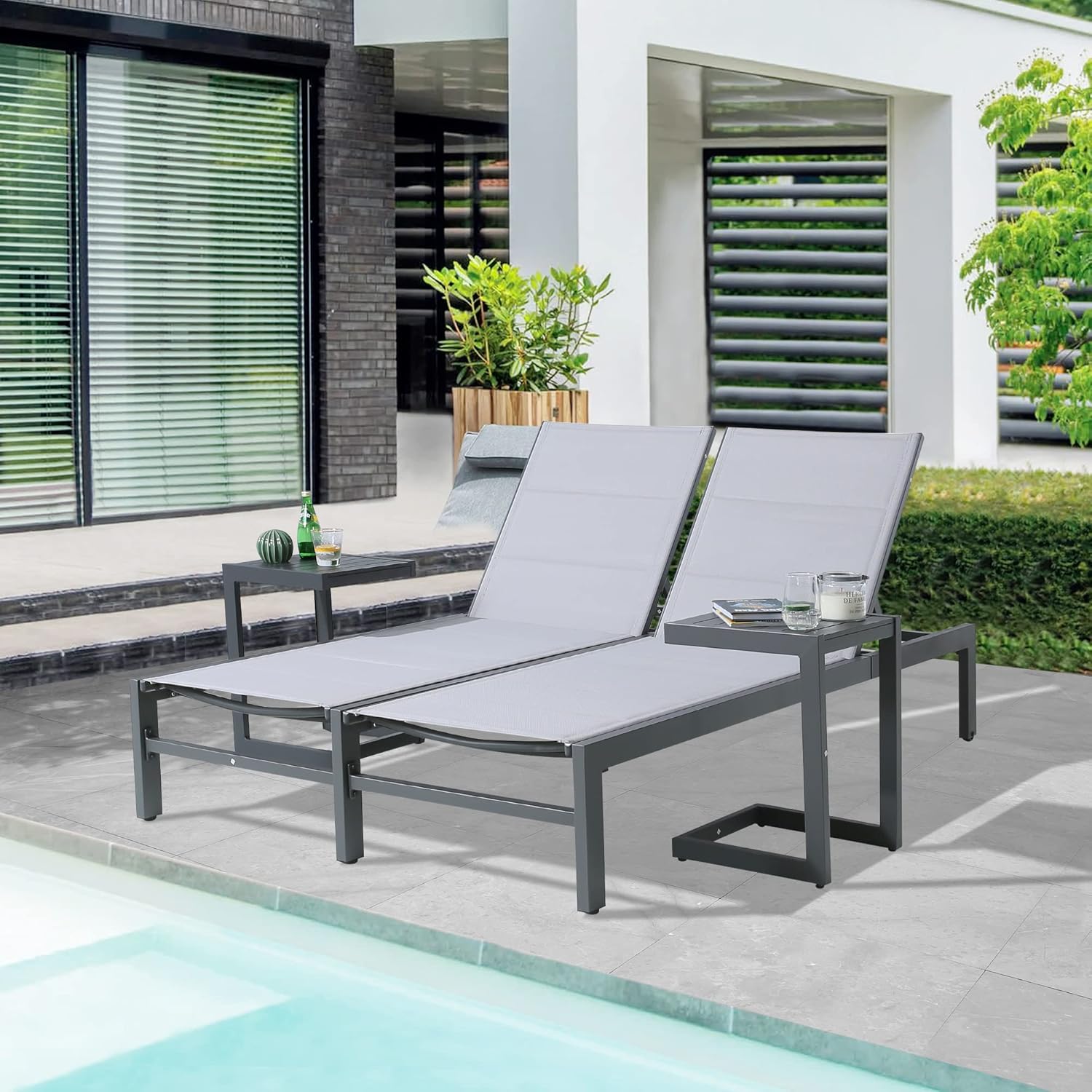 Ulax furniture Patio 3 Piece Double Chaise Lounge Chair