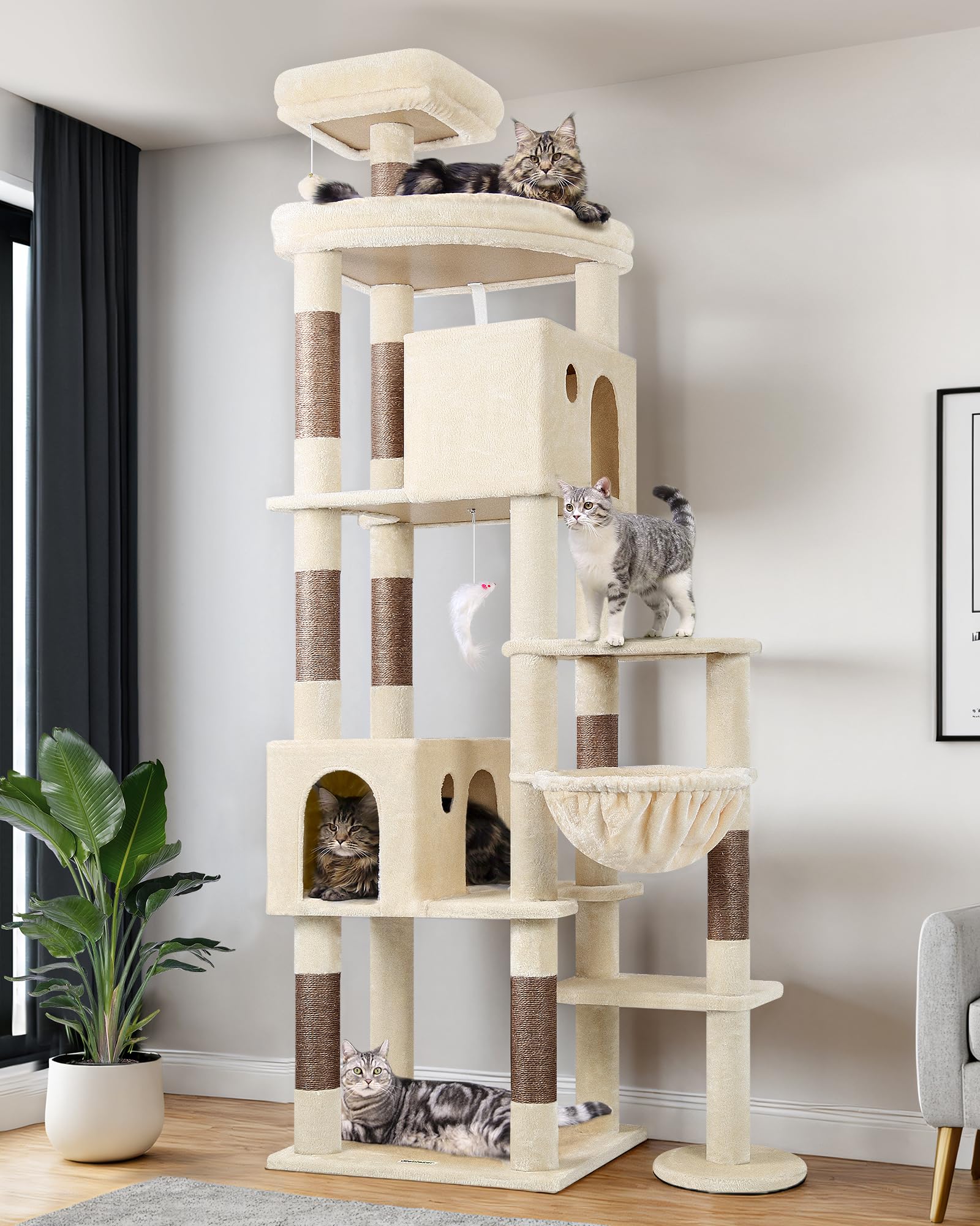 Globlazer Tiragraffi Beige XXL per Gatti Adulti Alto 213 cm con Grandi Piattaforma 55cm*45cm, 2 Grotta, Posatoi, Cesto, Albero Tiragraffi Stabile per Multipli Gatti Grandi Interno (F83, Beige)