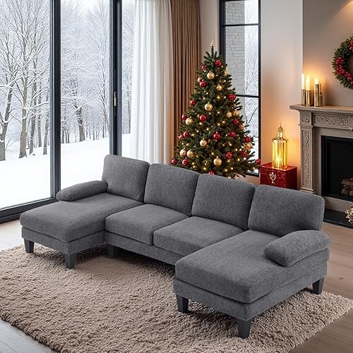 VINGLI 110' U-Shaped Sectional Couch with Two Chaise, Affordable Small Sofa with 4 Seats, Chenille Fabric Comfy Couches for Living Room, Dark Grey