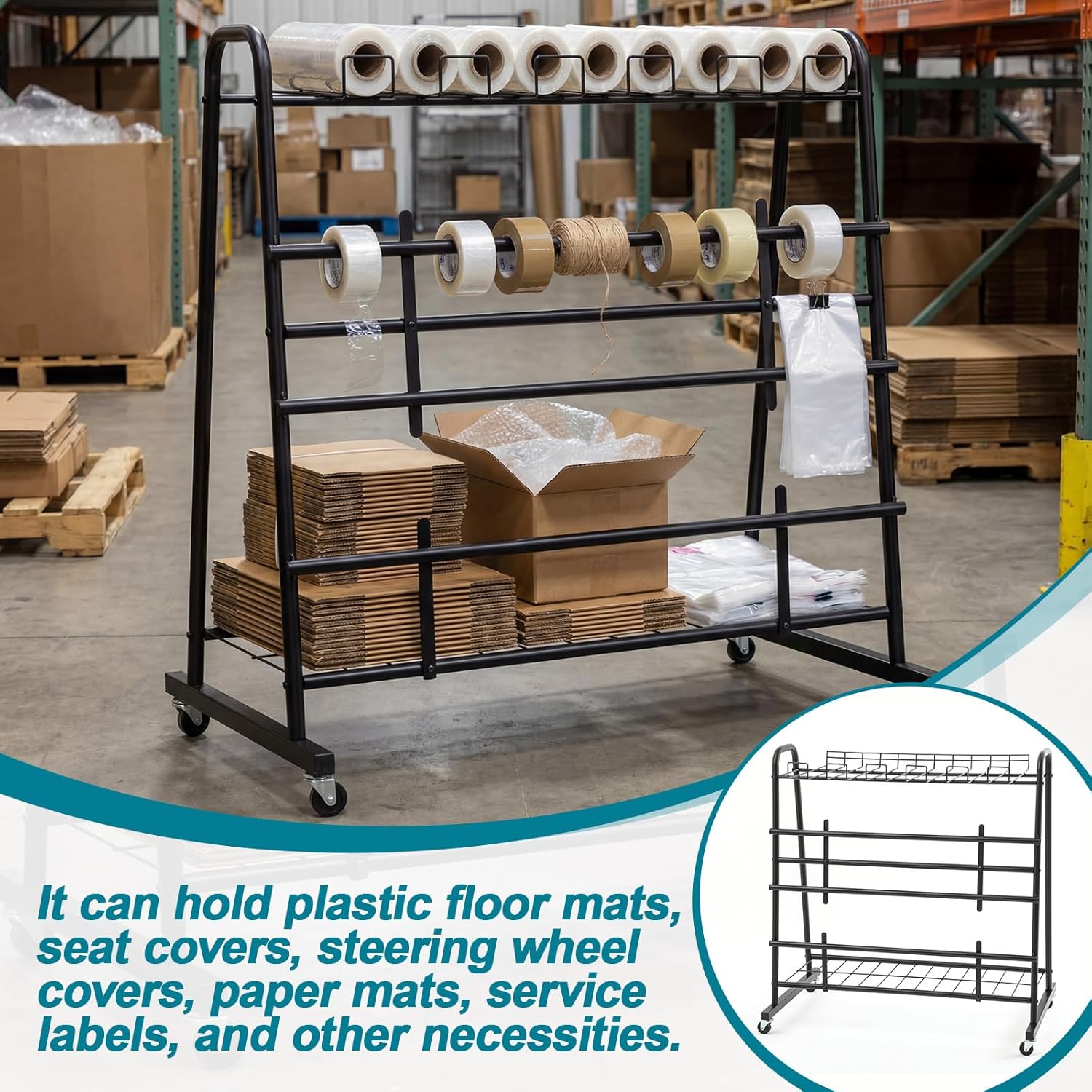Pelopy Floor Dispenser Rack Floor Dispensing Stand Interior Protection Organizer with Heavy Duty Rolling Casters for Automotive Seat Covers Mats Paper Roll Storage Detailing Shops, 41"H x 40"W x 24"D