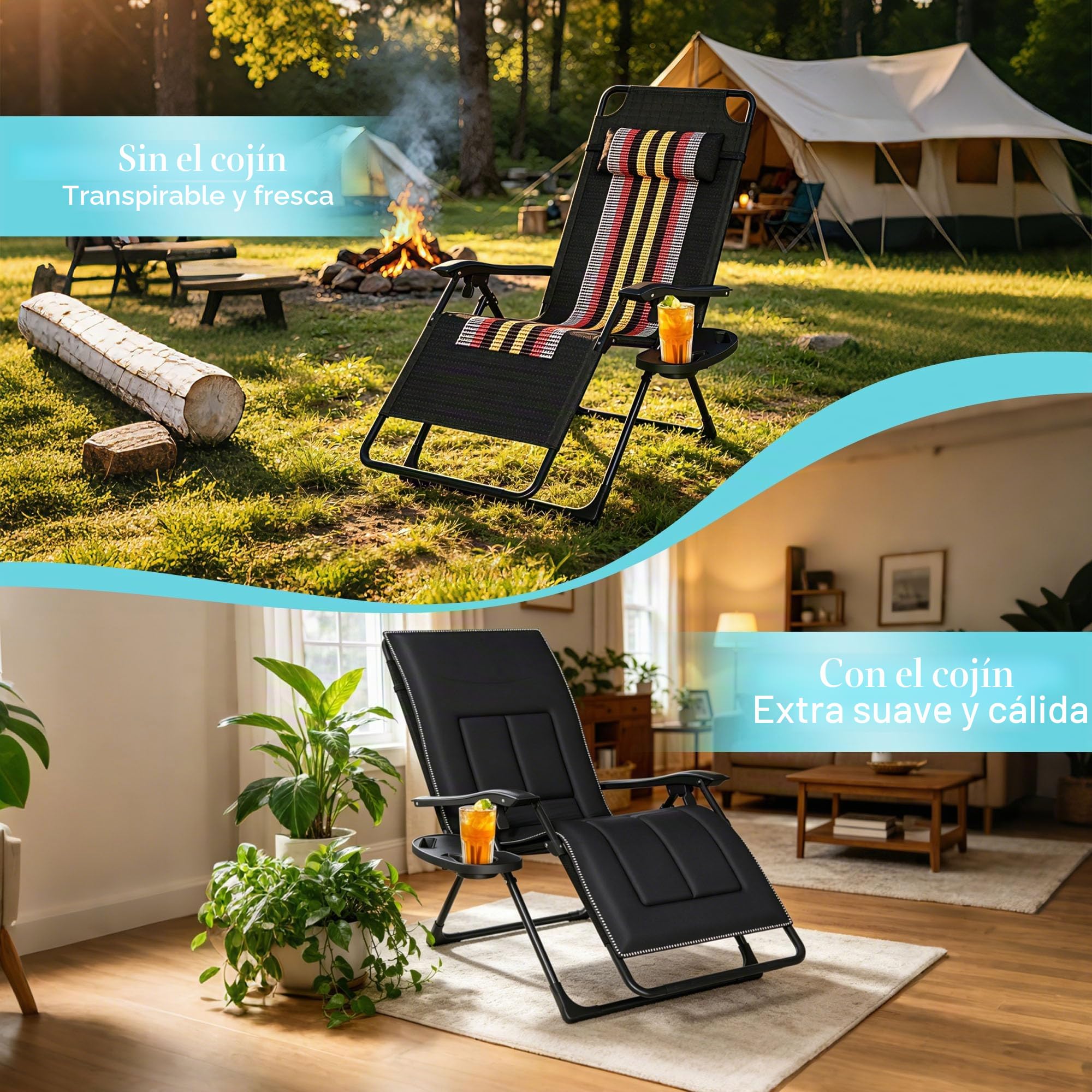 Tumbona Plegable hasta 200 kg, Tumbona Ajustable con cojín Cervical y Soporte para Bebidas, Tumbona ergonómica para jardín, balcón y Playa (Negro)