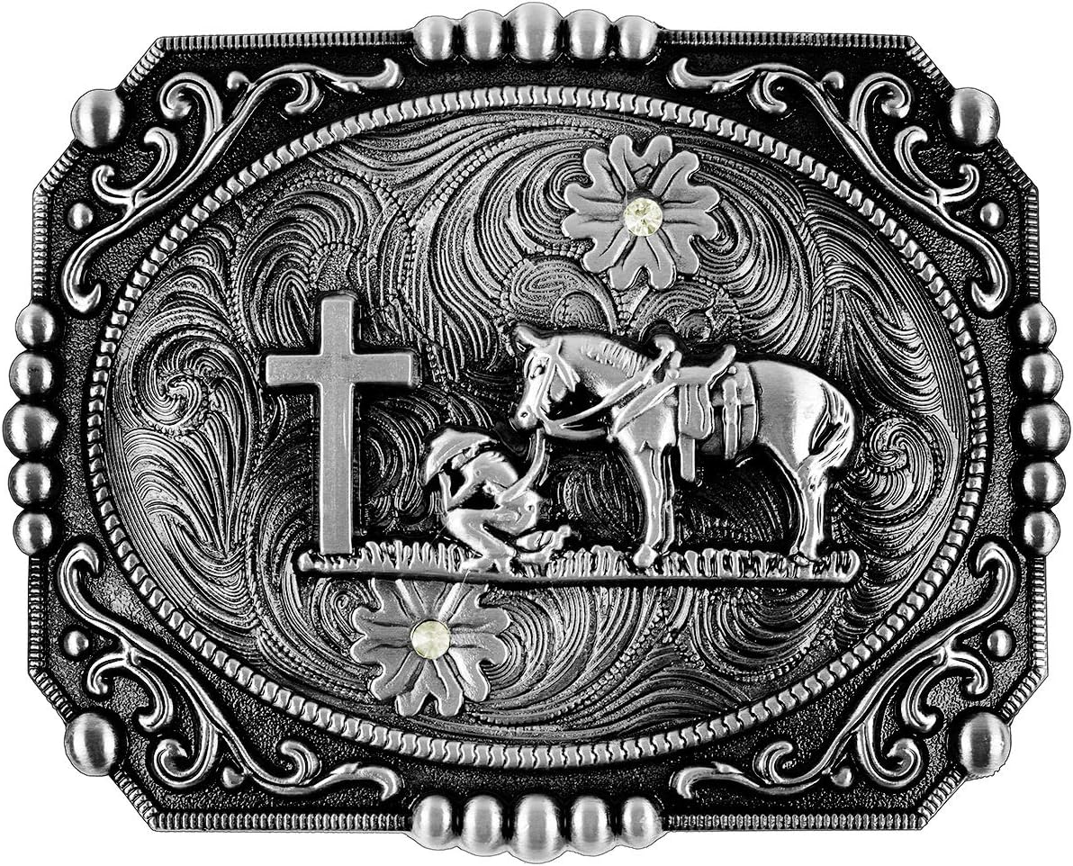 Moranse Religion Cross Cowboy Kneeling Prayer And Horse Design Belt Buckles