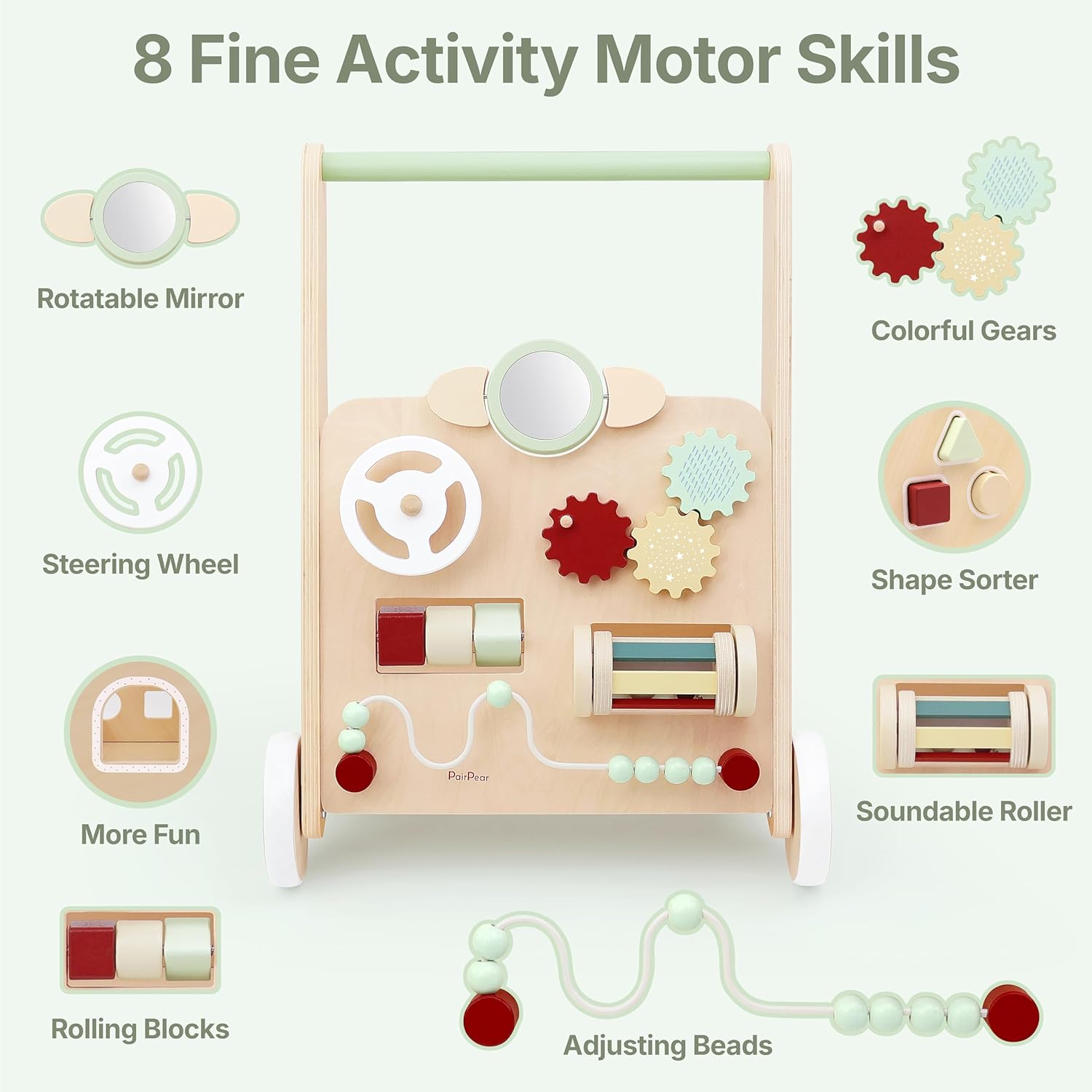 PairPear Wooden Baby Walker with Wheels, Baby Sit-to-Stand Baby Walker & Activity Cart, Montessori Activity Walker Busy Board for Baby Boys Girls 12m+(Sage Green)