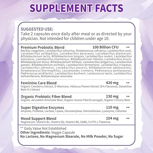 Miniatura 6 de Probióticos para mujeres salud digestiva con enzimas y prebióticos 100 mil millones  Probióticos vaginales con manosa D y arándano  Salud del tracto