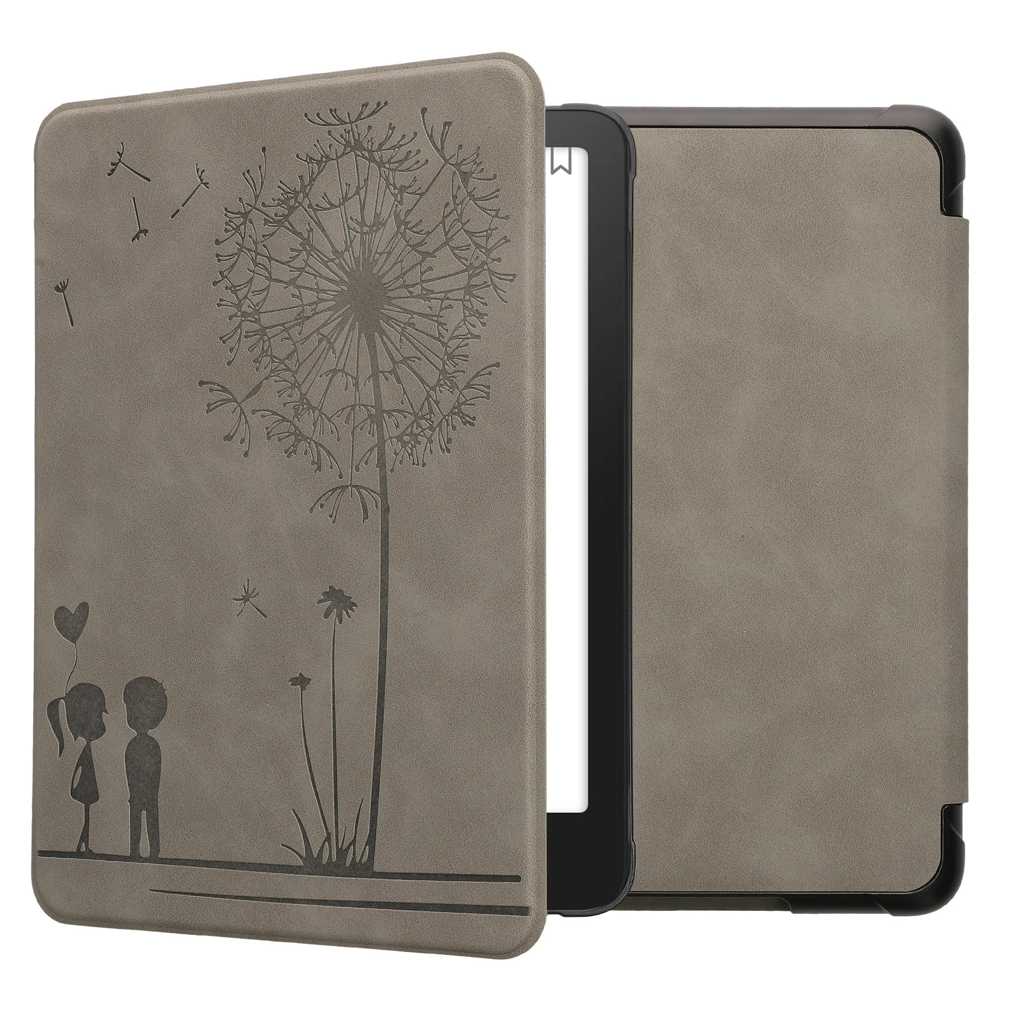 kwmobile Etui na czytnik e-booków kompatybilne z Amazon Kindle Paperwhite (12. Gen 2024) / Kindle Colorsoft - Etui ze sztucznej skóry z podstawką - Dmuchawiec miłość w kolorze szarym