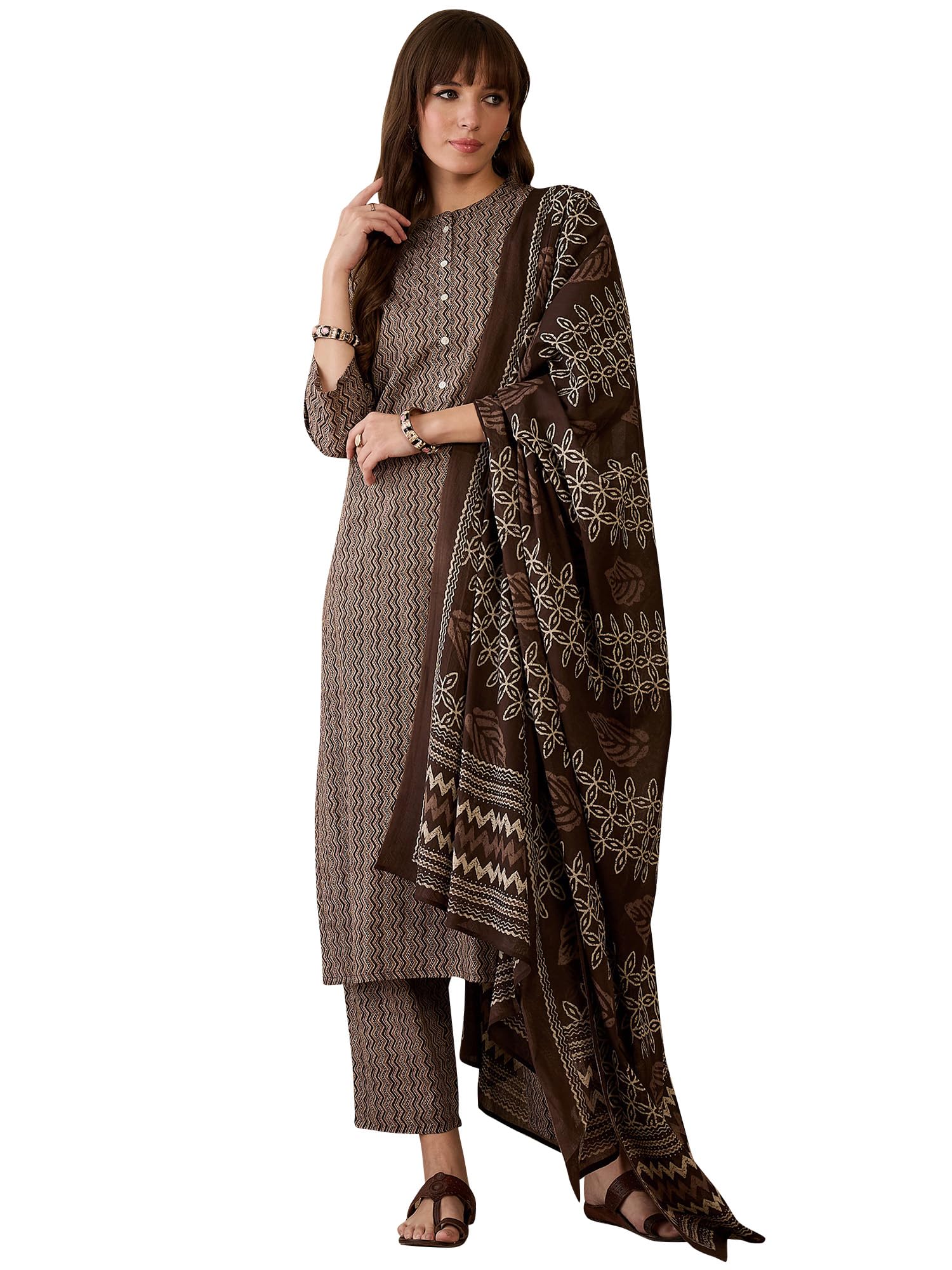 indo era Women's Straight Pure Cotton Chevron Printed Kurta & Pant with Dupatta Set (IESTR9889)-picture-19