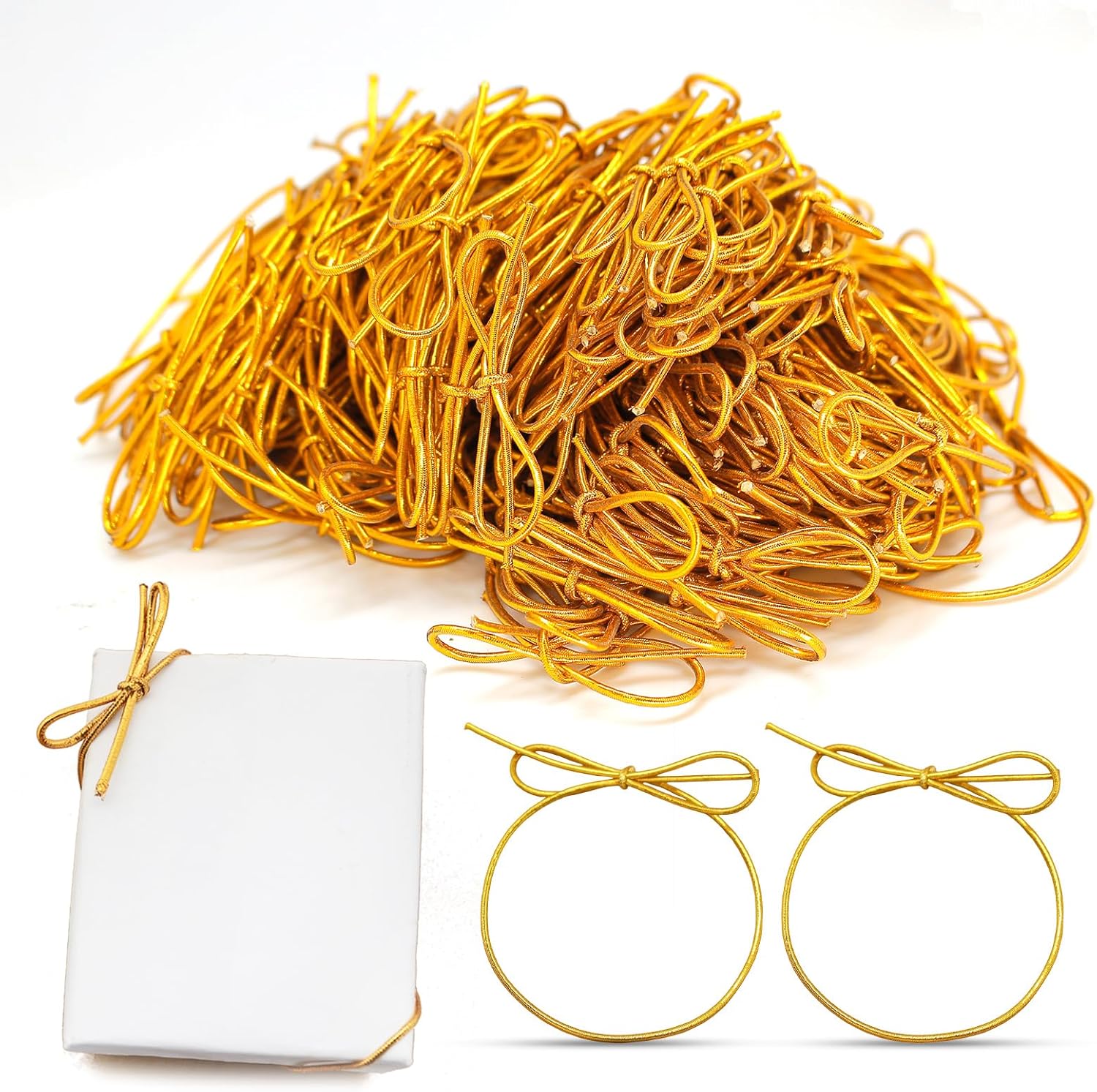 FQTANJU 200 Pcs 8 Inch Gold Stretch Loops with Pre Tied Bows Metallic Elastic Ribbon String Gold Elastic Cord for Gift Wrapping Crafts Tags Gift Boxes Bow - Image 2