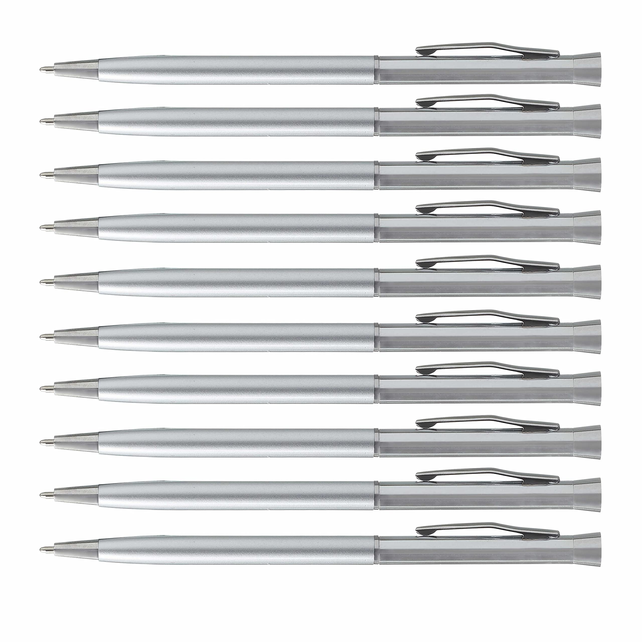 DISCOUNT PROMOS 10 Slim Metal Hotel Pens Pack - Two tone, Minimalist, Black Ink - Silver