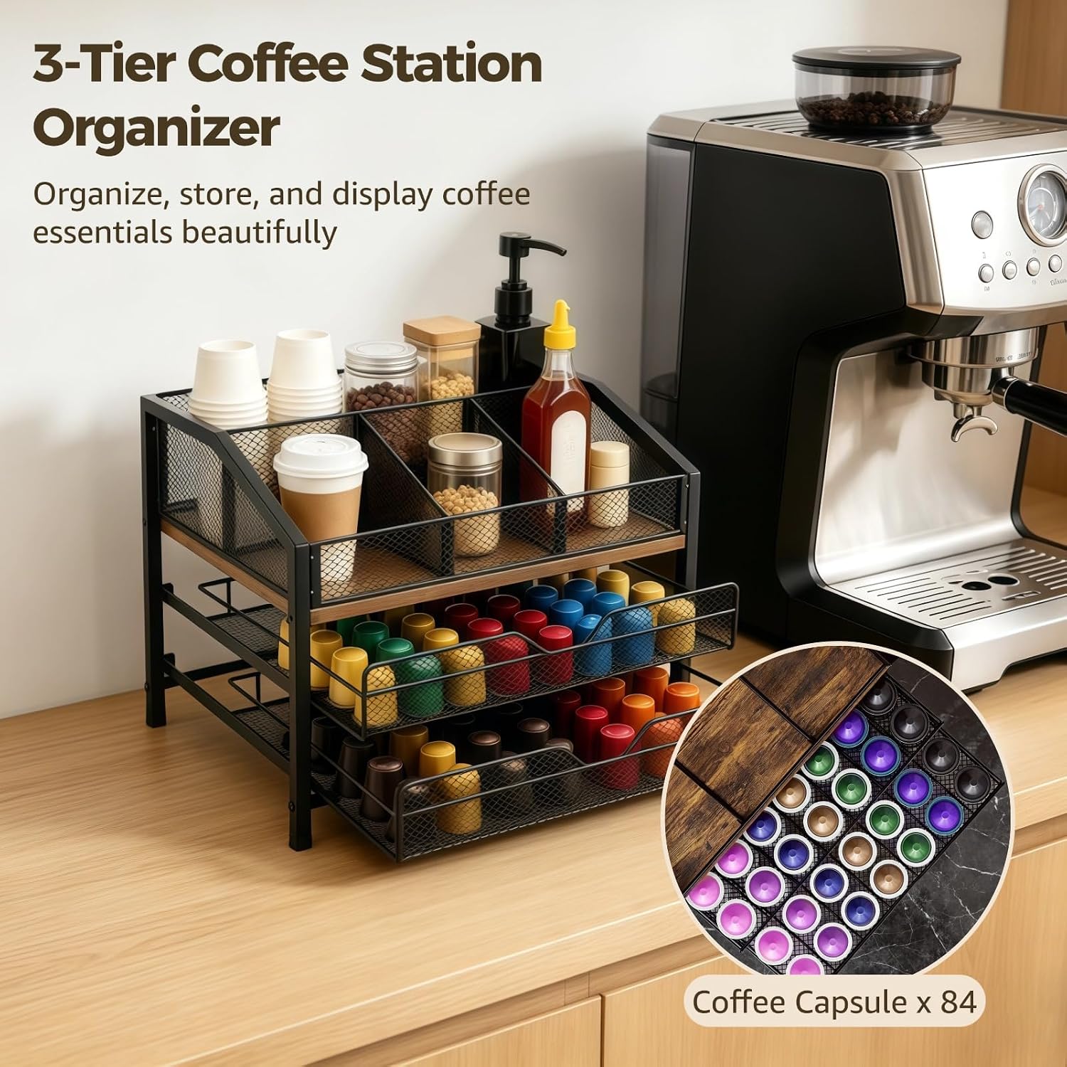 Coffee Station Organizer, 3-Tier K Cup Holder with Drawer Baskets, Coffee Pod Holder with 2 Storage Drawers, K Cup Organizer for Countertop, Rustic Wood Capsule Station