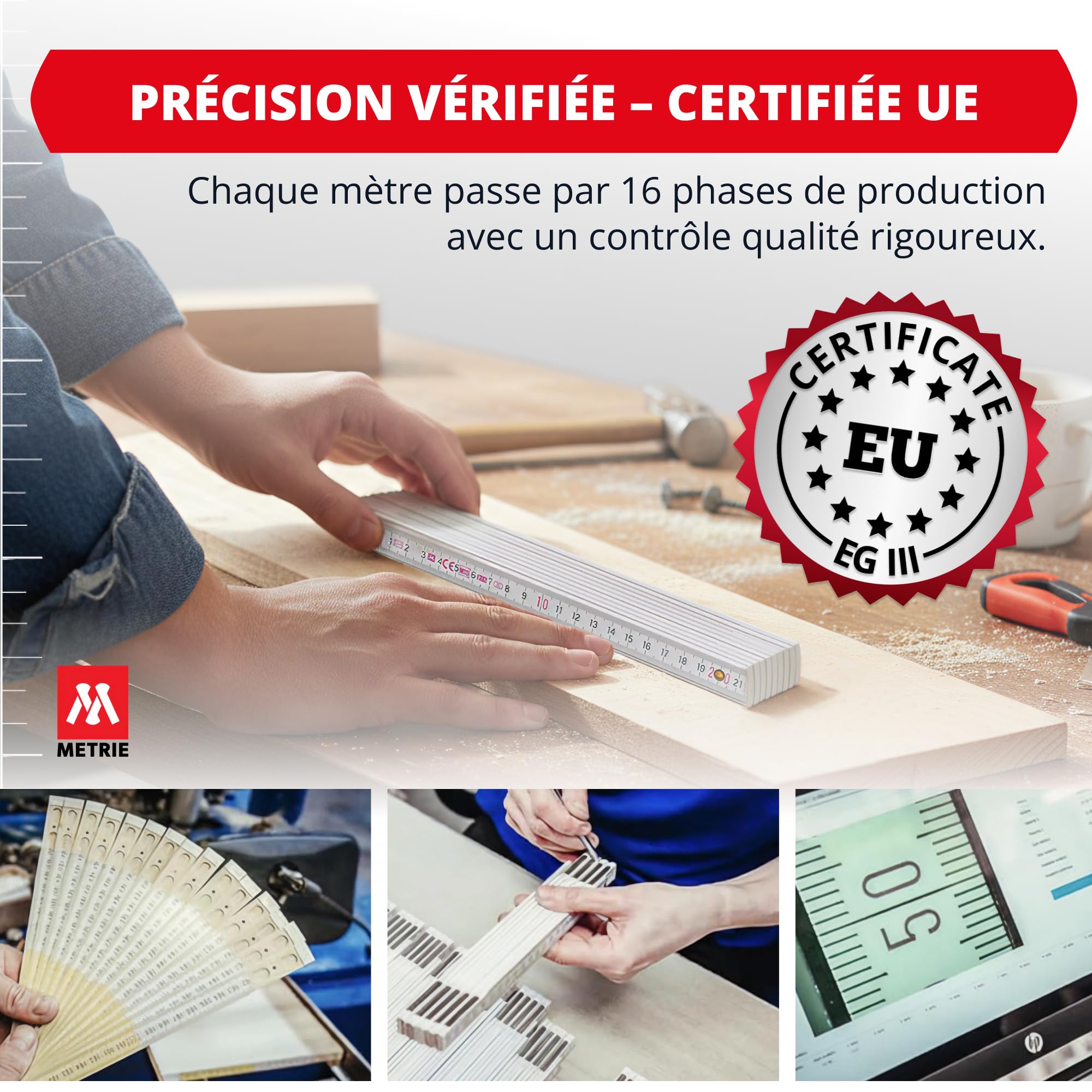 Metrie™ Mètres pliants – Mètres en bois 2 m | Mètres – BLANC – Échelle duplex, Fabriqués dans l’UE | Robustes et précis | pour Artisans et Bricoleurs | BLOCK 72 – 10 pièce