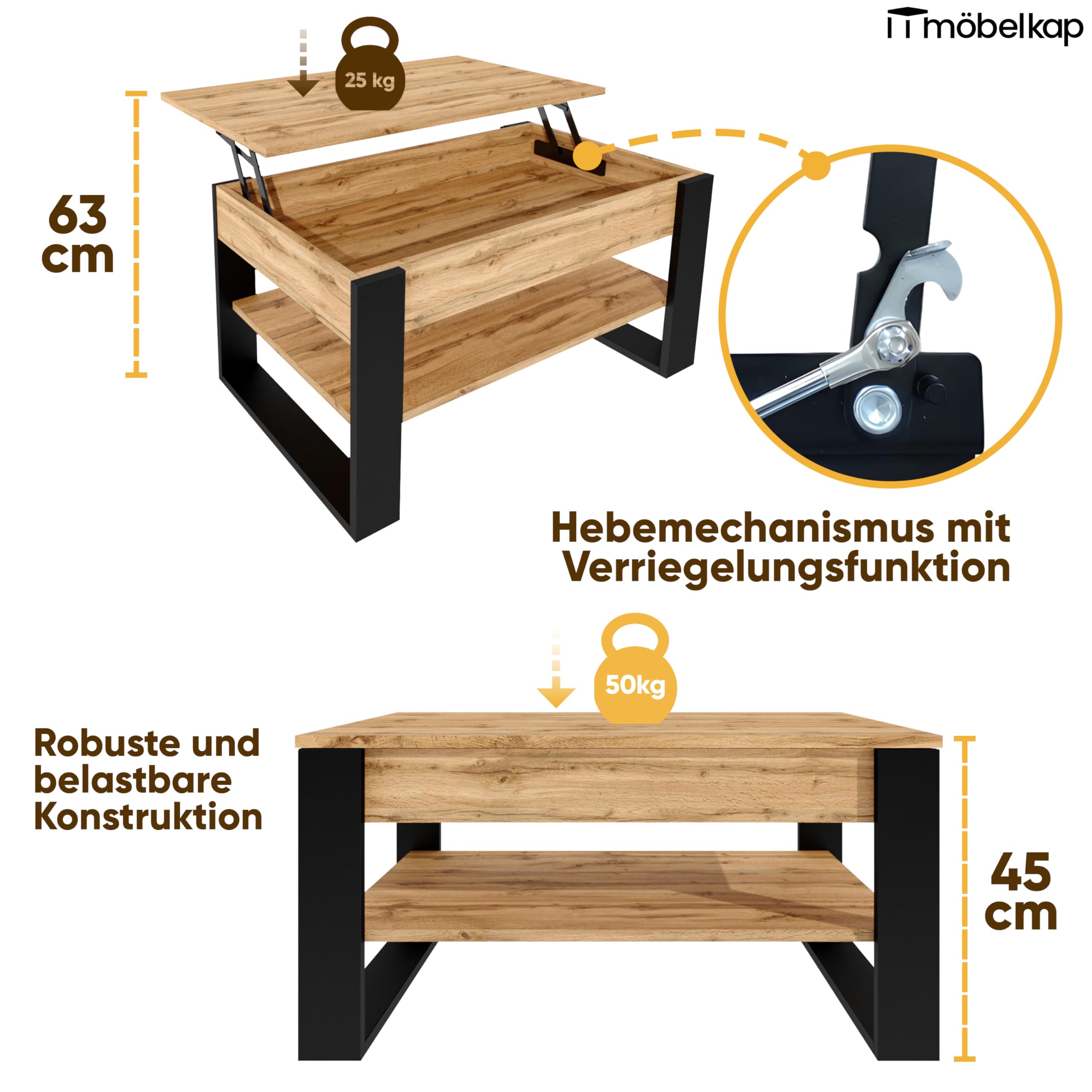 Couchtisch mit anhebbarer Platte | Höhenverstellbarer Wohnzimmertisch mit Stauraum | Sofatisch Eiche Wotan Schwarz modern mit Ablage & verstecktem Fach – Coffee Table für Wohnzimmer & Büro