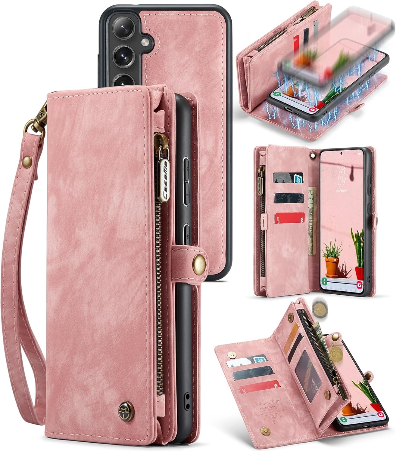 Case for Samsung Galaxy S24 Plus,Genuine Leather Wallet Detachable Magnetic Cell Phone Cover Wireless Charge Zipper Purse RFID Blocking Card Slot Holster (Brown, for Galaxy S24 Plus)