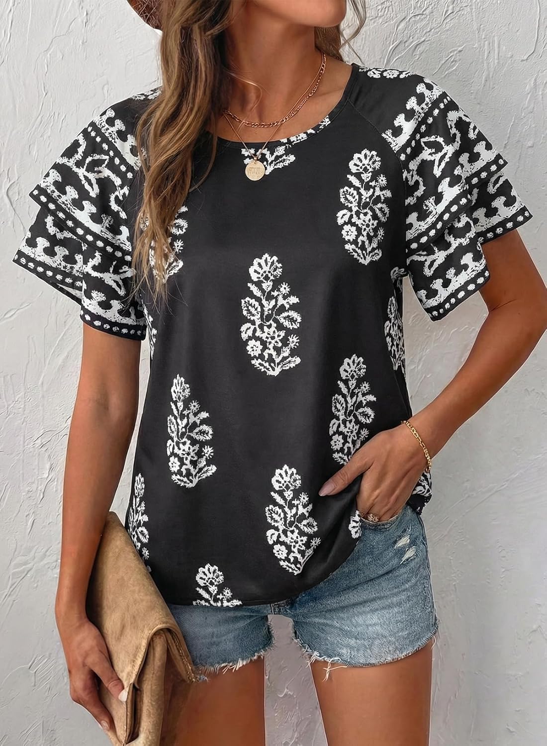 BLENCOT Women Blouses Layered Sleeve Fashion Crewneck Floral Printed Boho Loose Summer Tops - Image 3