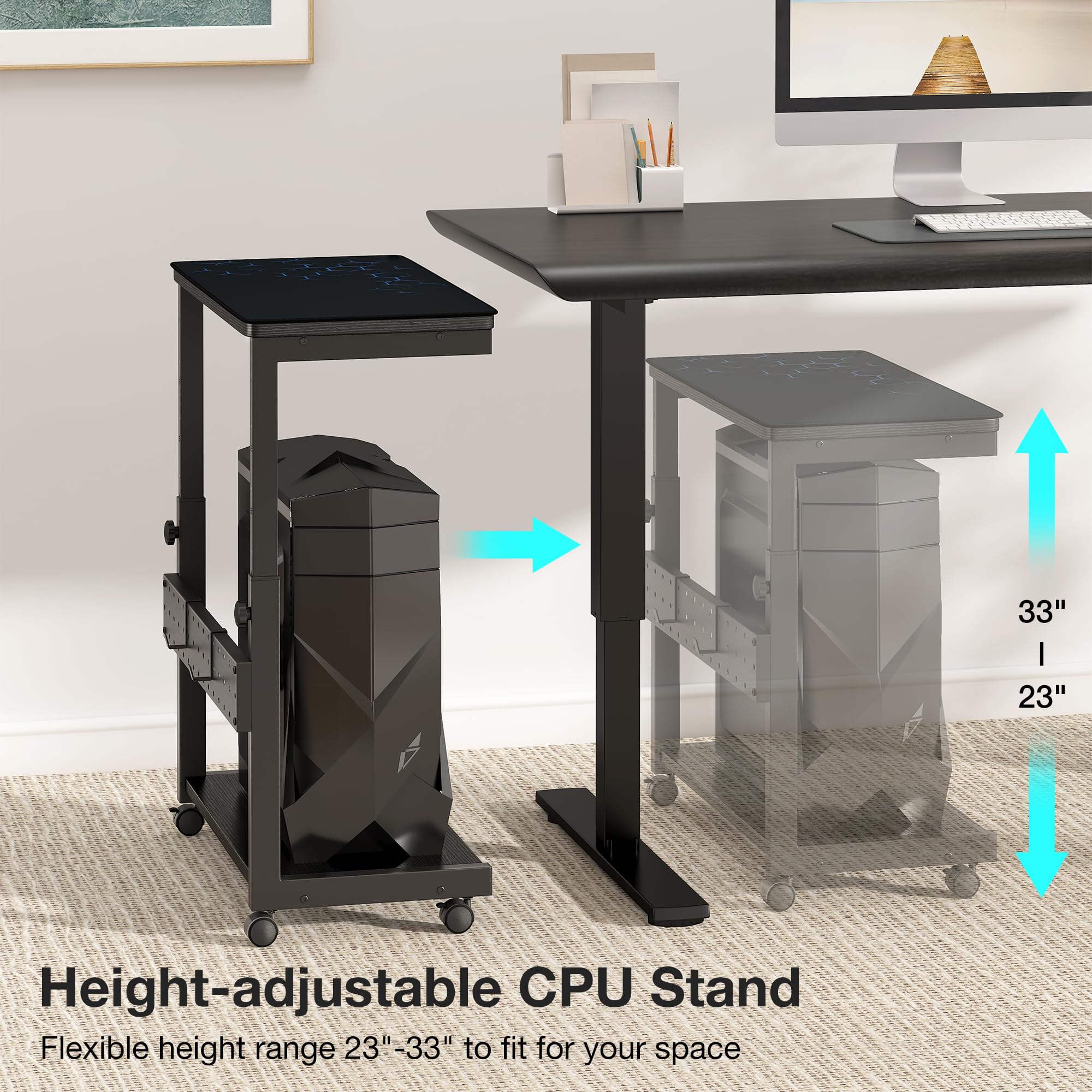Yornoli Höhenverstellbarer Computer PC Tower Ständer mit Rollen und Maus Pad, PC Ständer PC Halterung unter Schreibtisch, PC CPU Stand, Druckerständer, Schwarz
