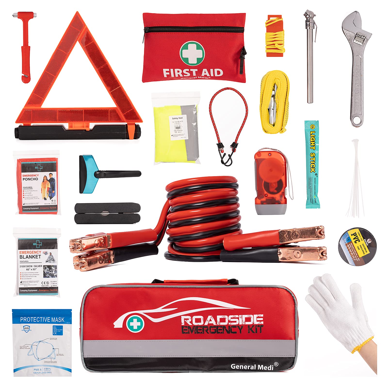 127Pieces Roadside Car Emergency Kit Include Mini First Aid Kit, Jumper Cables,Tow Rope