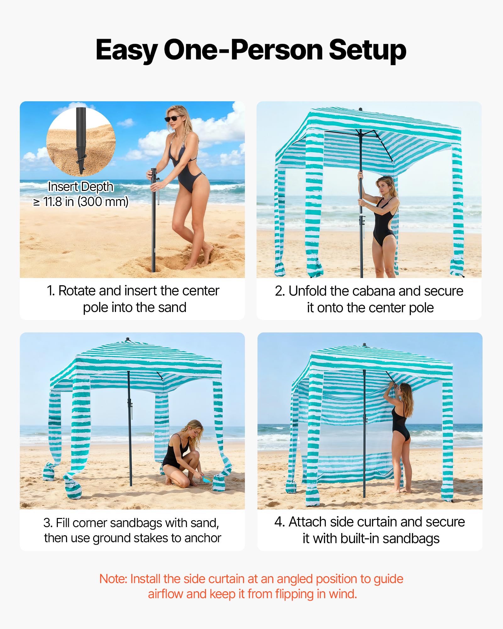 VEVOR Namiot plażowy 1830 x 1830 x 2290 mm, ze ścianą boczną i kieszeniami na piasek, przenośny parasol przeciwsłoneczny z regulacją wysokości dla rodziny i przyjaciół, zielony z białymi paskami