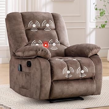 ANJ Oversized Manual Recliner Chair with Massage and Heat, Breathable Fabric Rocker Recliners for Big Man with Extra Side Storage Pocket, Overstuffed Reclining Chair for Living Room Bedroom Camel