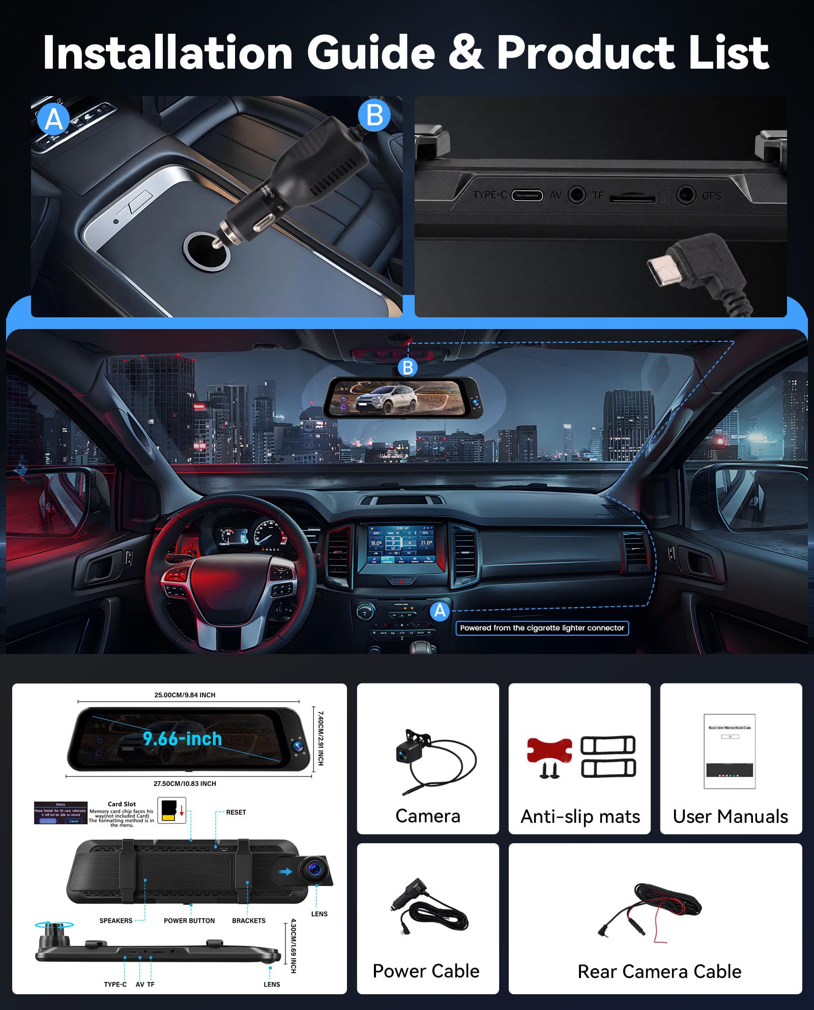 SIXWIN Dashcam Rétroviseur 3 Canaux 9,66″ Tactile WiFi et App – 2K+2×1080P, Vision Nocturne, ADAS & BSD & LCA, Capteur G, Enregistrement Boucle, Surveillance Stationnement 24h