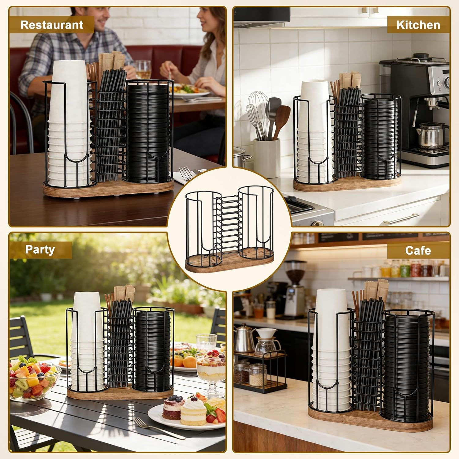 Coffee Cup Dispenser 18oz 3-Compartment Paper Cup and Lids Holder Rack | with Wood Base, Disposable Cups Organizer, 3-in-1 Plastic Straw Lid Storage Holder for Countertop, Coffee Bar, Kitchen,Office