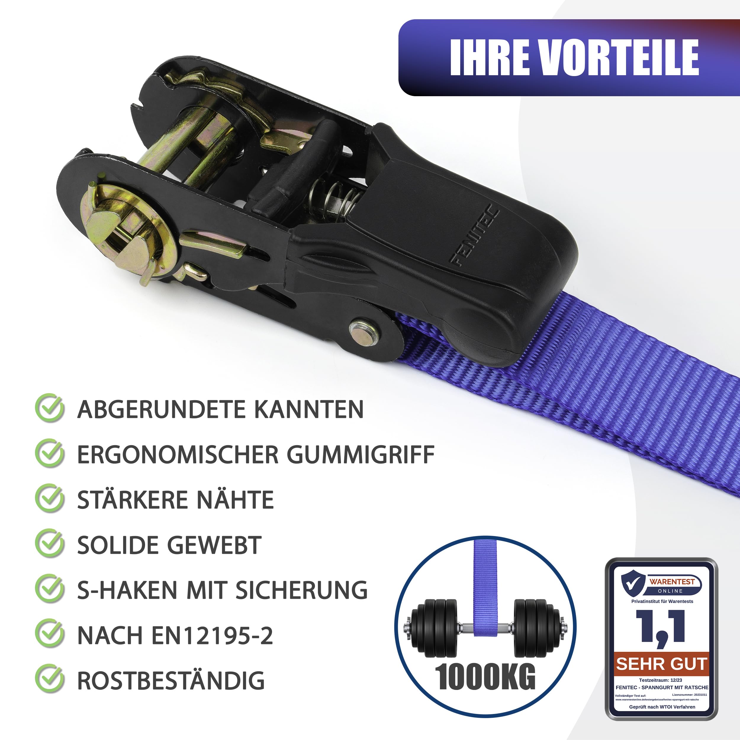 4 cinghie di serraggio con cricchetto e gancio, 4 x carico di rottura di 1000 kg, EN 12195-2 TÜV/GS con cricchetto, 5 m, 25 mm, 12 pezzi, cinghie a cricchetto a doppia cucitura per il fissaggio del