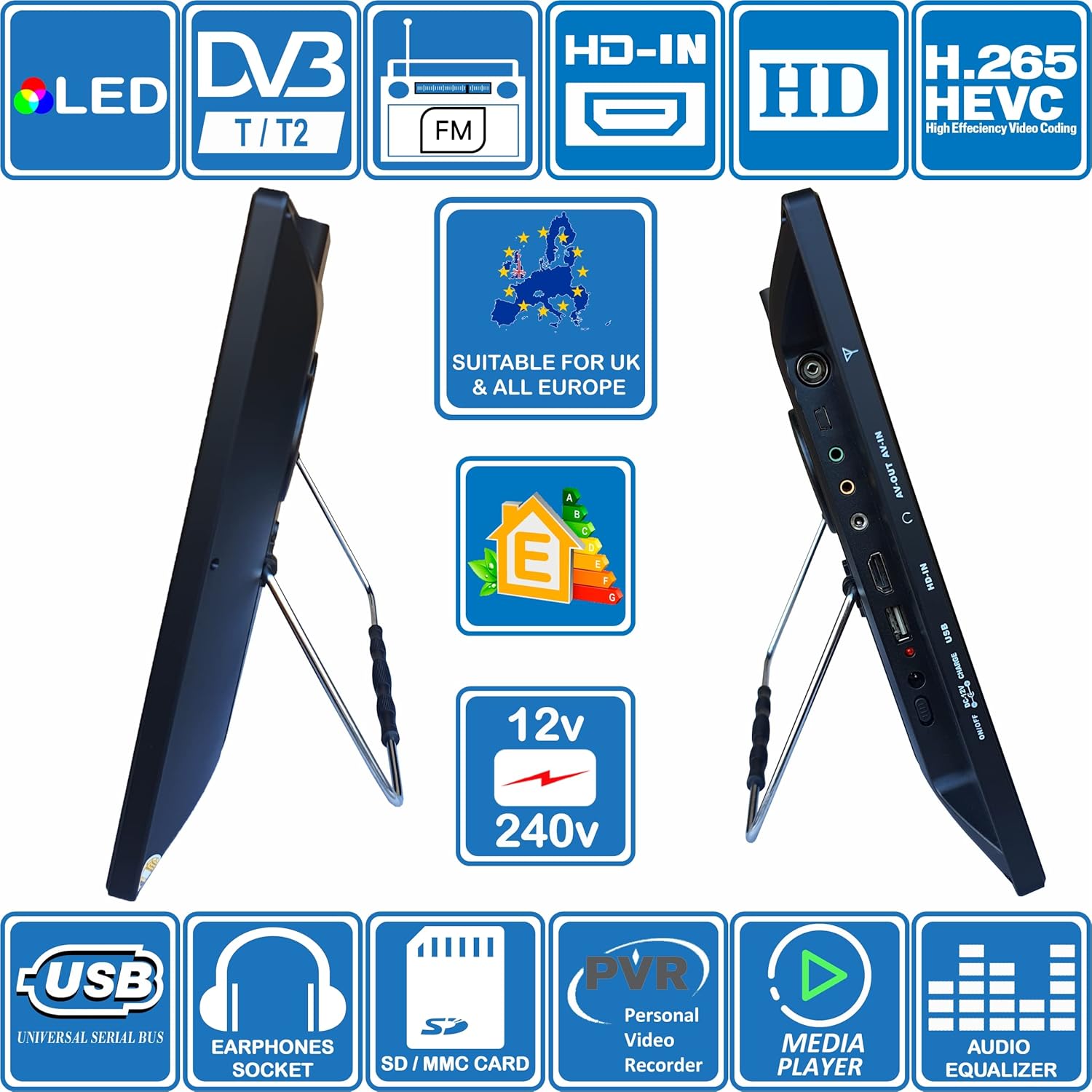 Unispectra 16" TV 12V - 240V HD LED Digital DVB-T/T2 (Freeview) TV, FM Tuner, USB PVR & Media Player, HDMI, 3.5mm AV In/Out. Ideal for Home, MotorHome, Boat, Caravan, Camping or Truck 4