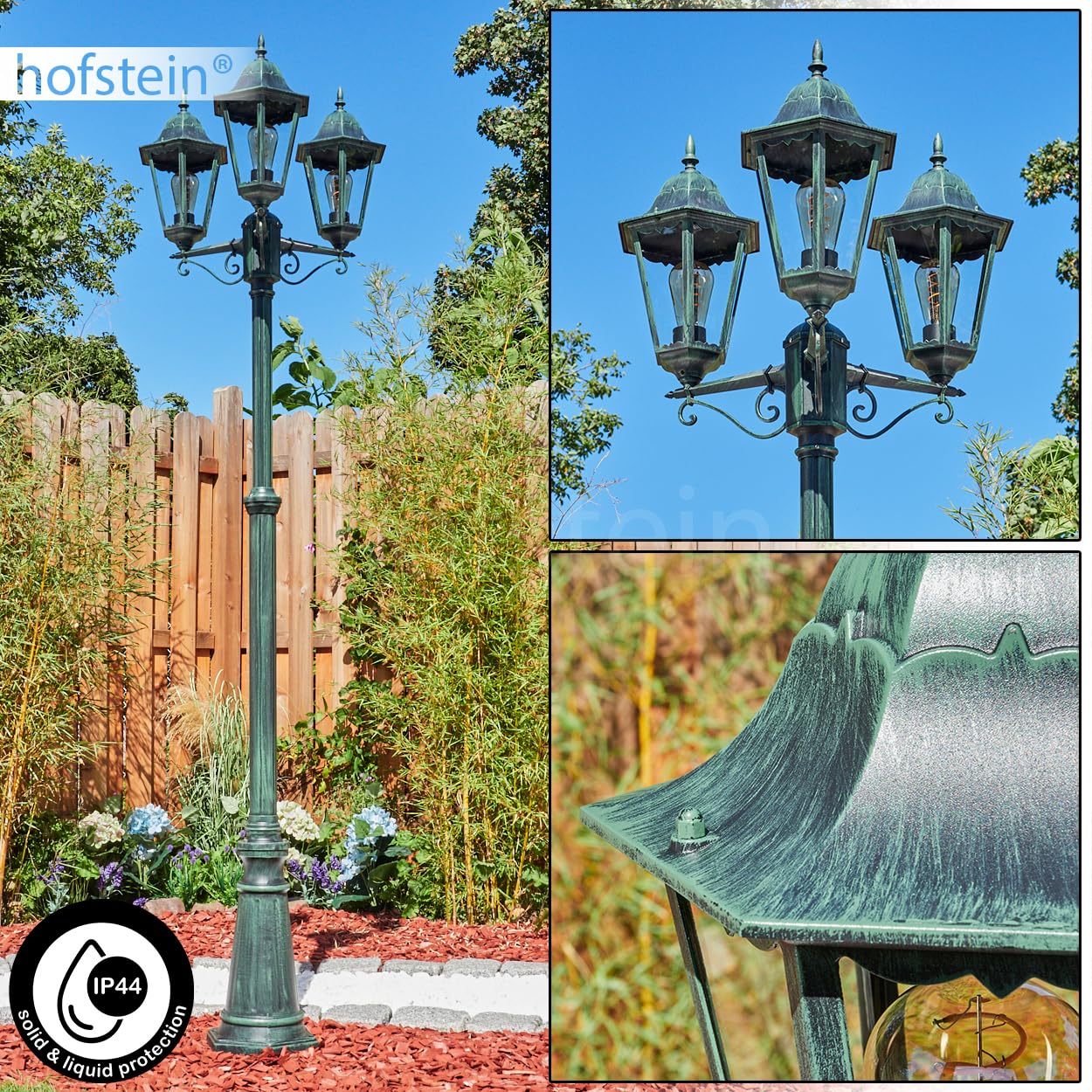 HOFSTEIN Kandelaber Hongkong Außenwegeleuchte Metall Glas Schwarz-Grün Klar IP44 3xE27 245 cm
