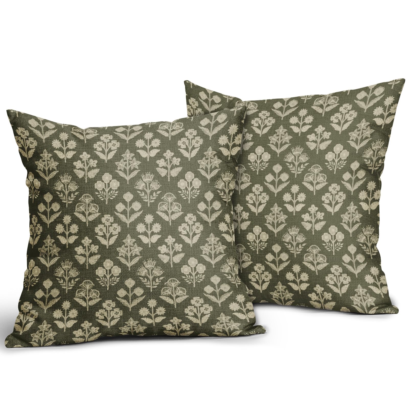 Amazon.com: Olive Green Floral Block Print Pillow Covers 18x18
