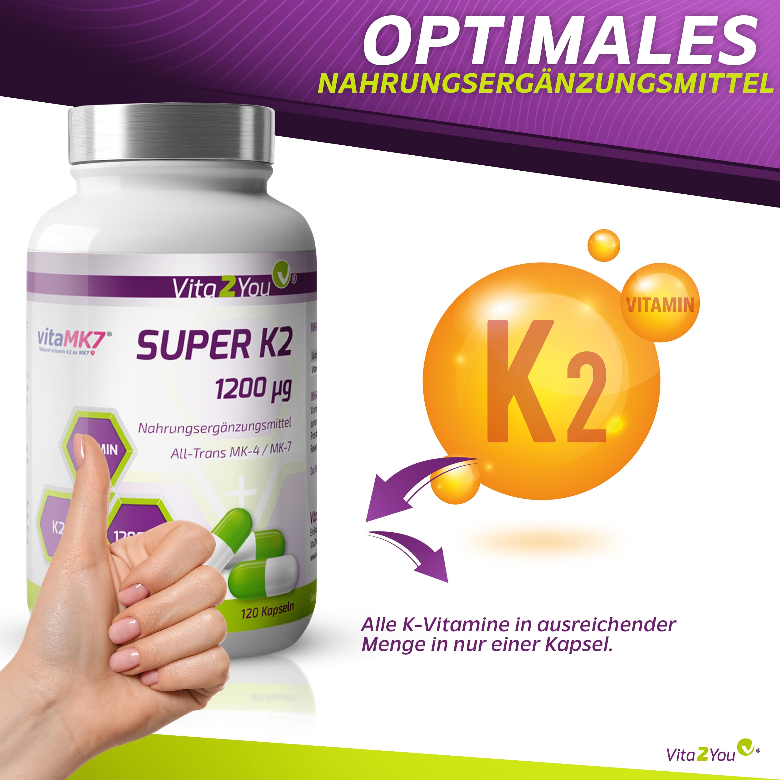 Vita2You Super K2-1200µg Vitamin K2 - Original vitaMK7® - (Natürliches MK-7) mit MK-4 >99% All Trans - 120 Kapseln - Hochdosiert - Premium Qualität