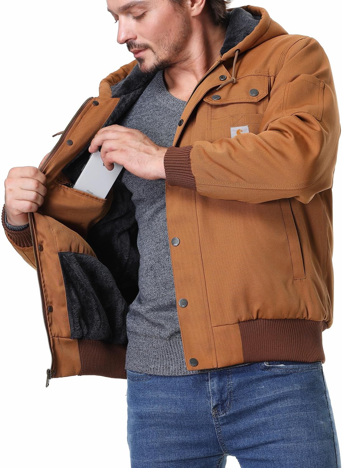 TUAOVA Men’s Fit Relaxed Work Coat Fleece Lined Waterproof Workwear Winter Hooded Jacket with Multiple Pockets