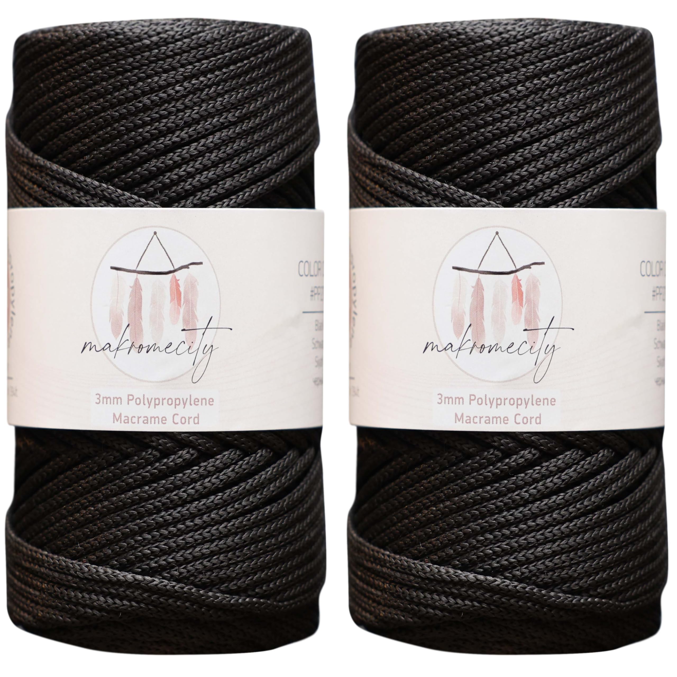 Makromecity, 2 Skeins of Polyester Macrame Cord 3mm x 131 Yards (394 feet) 3mm Polypropylene Black Macrame Cord Crochet Macrame Bag Cord Crafts for Wall Hangings, Bags, Underplate, Rug