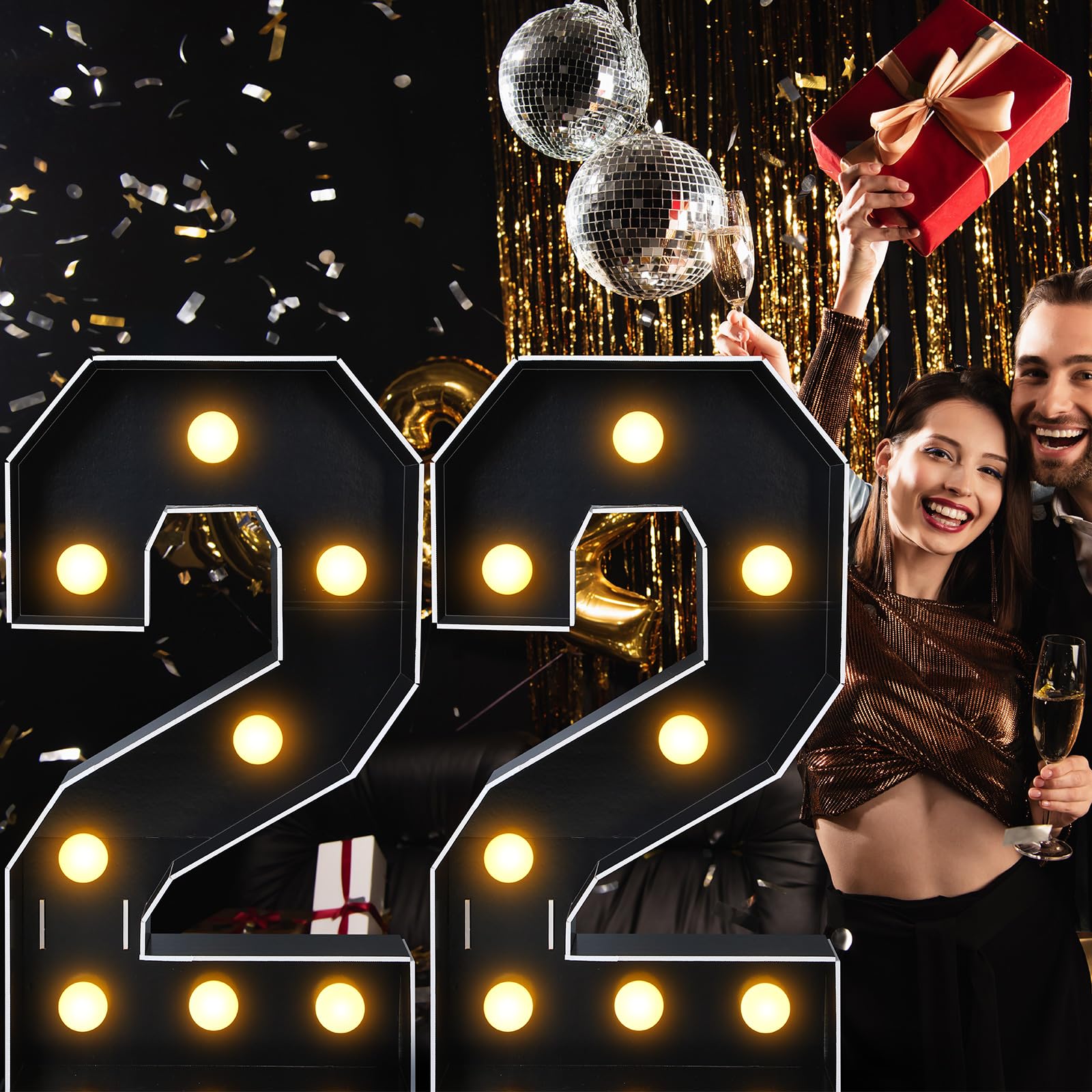 Ganeen 2.3ft Black Marquee LED Light up Numbers Giant LED Marquee Numbers for Birthday Decorations Baby Shower Backdrop Decor DIY Numbers Lights Pre Cut Foam Board Kit Anniversary Supplies (Number 2)