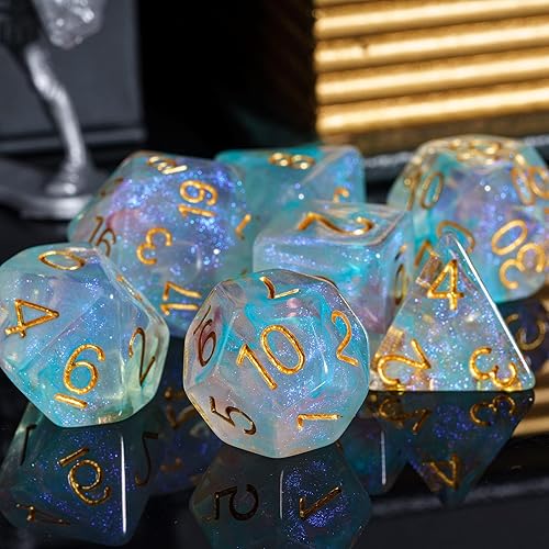 Miniatura 3 de UDIXI Juego de dados poliédricos de 7 dados con purpurina y remolinos cian DND para juegos de rol de Calabozos y Dragones (rosa cian)