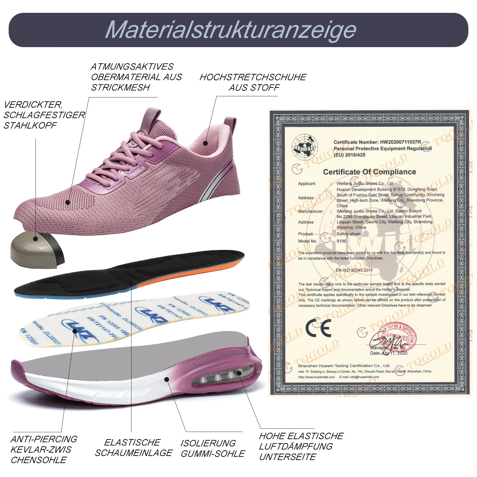 tqgold Buty robocze, męskie, damskie, lekkie, oddychające, antypoślizgowe, z poduszką powietrzną, sportowe, ochronne ze stalowymi nakładkami, Rosa, 39 EU