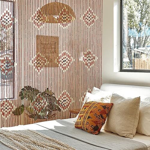 Miniatura 6 de Cortina de cuentas de bambú, cortina bohemia con cuentas de 52 hebras de 35.4 x 74.8 pulgadas, cortina de madera natural para puerta, cortina de