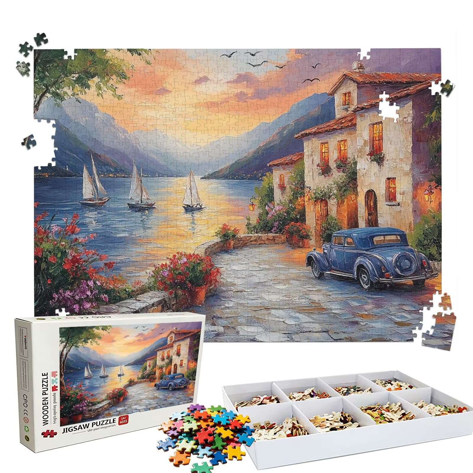 Puzzle 4000 elementów, puzzle 4000 elementów dla dorosłych, trudne puzzle, aktywność antystresowa i relaks, druk w wysokiej rozdzielczości, puzzle drewniane jezioro samochód z wykwintnym pudełkiem do