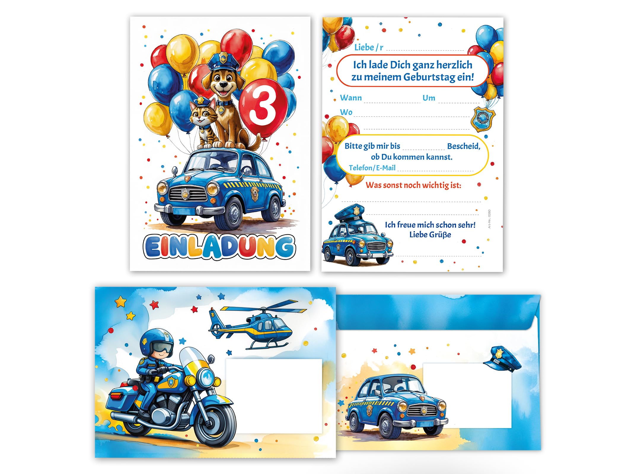 Junaversum 12 Einladungskarten inkl. 12 Umschläge zum 3. Kindergeburtstag Jungen Polizei Kinder coole bunte Einladungen dritte Geburtstag Geburtstagseinladungen Kids