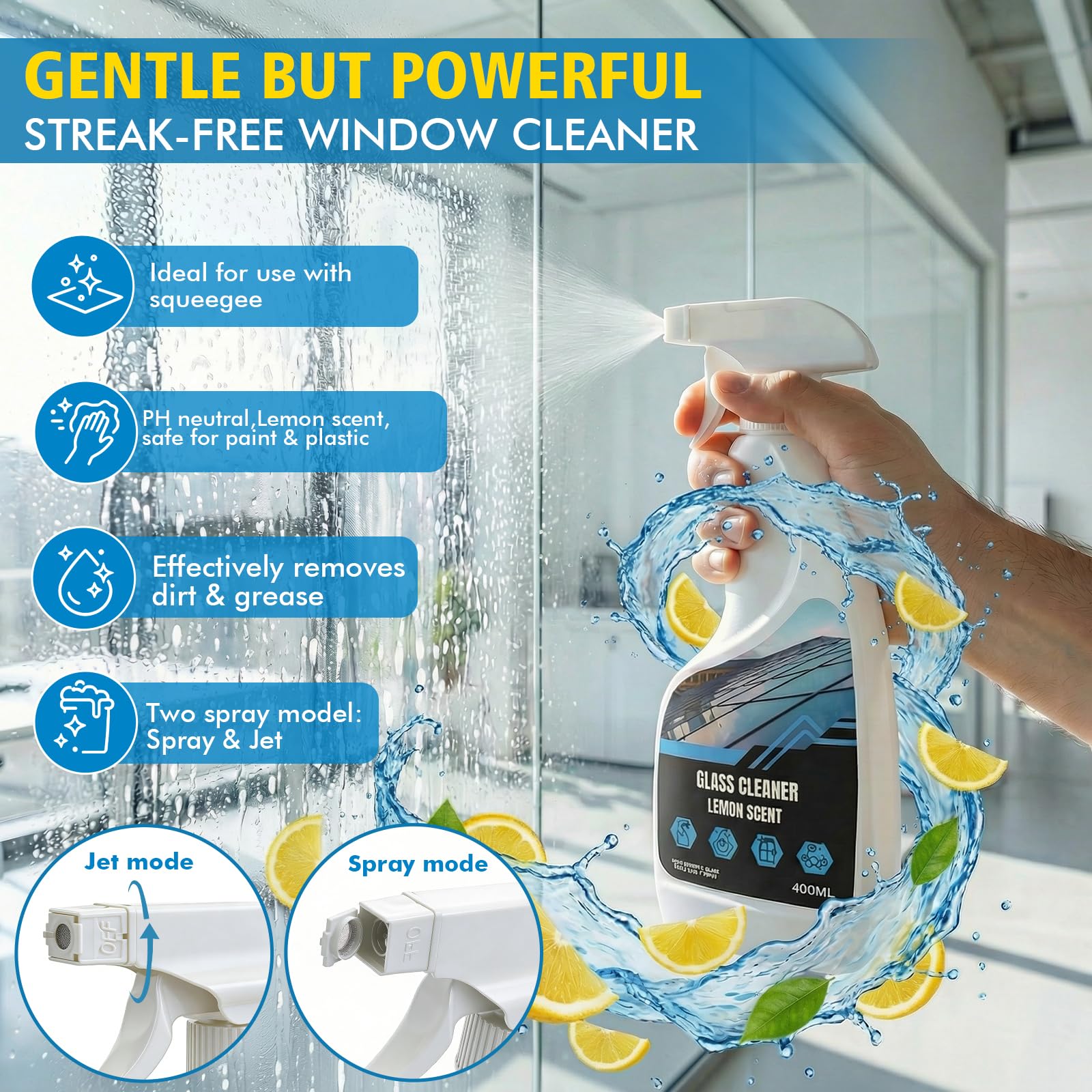 El juego de equipo de limpieza de ventanas de 4,5 m incluye limpiador de ventanas de 400 ml y escobilla de goma 2 en 1 con poste de limpieza extensible, kit de limpieza de ventanas sin rayas para - 4