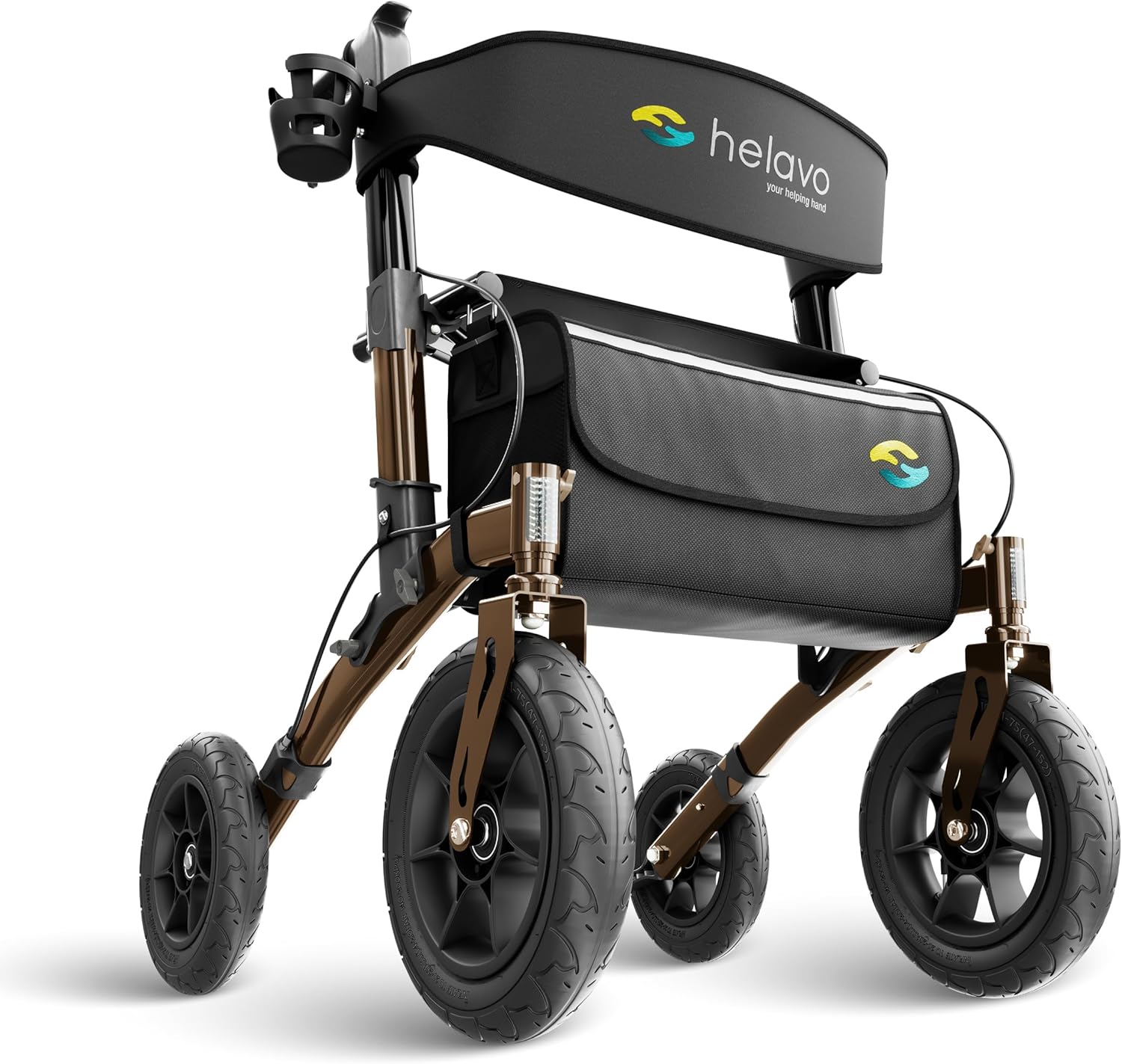 Helavo All Terrain Walker with Puncture-Proof, Flat-Free Solid Rubber Tires, 12" Wheels - Foldable Outdoor Walker for Seniors with Seat, Ergonomic Handles and Extra Padded Backrest Brown