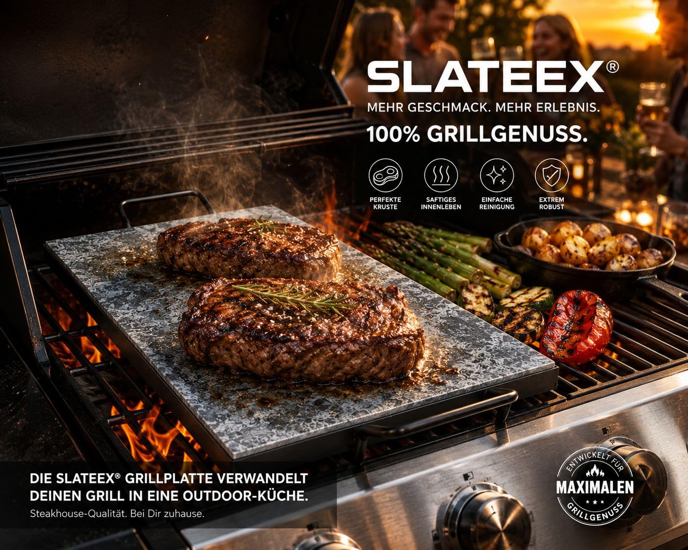SLATEEX® Speckstein Grillplatte 40x20x2 cm mit Halterung – Original italienischer Grillstein für Gasgrill, BBQ & Steak – Naturstein Grillplatte für Fleisch, Burger & Gemüse