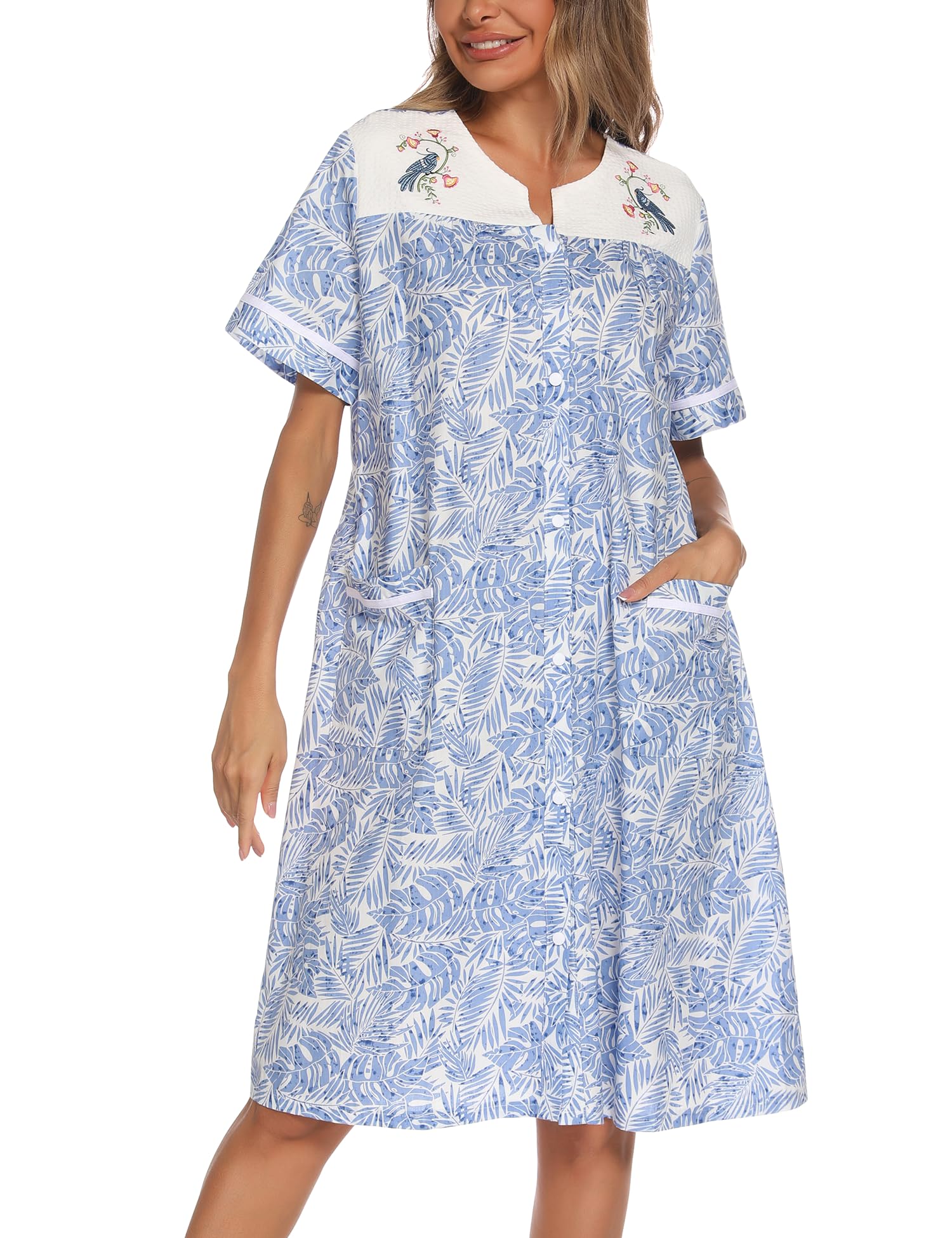 YOZLY Women's Embroidered House Dress, Short Sleeve, Front Pockets, 95% Cotton 5% Spandex, Blue Floral, Medium